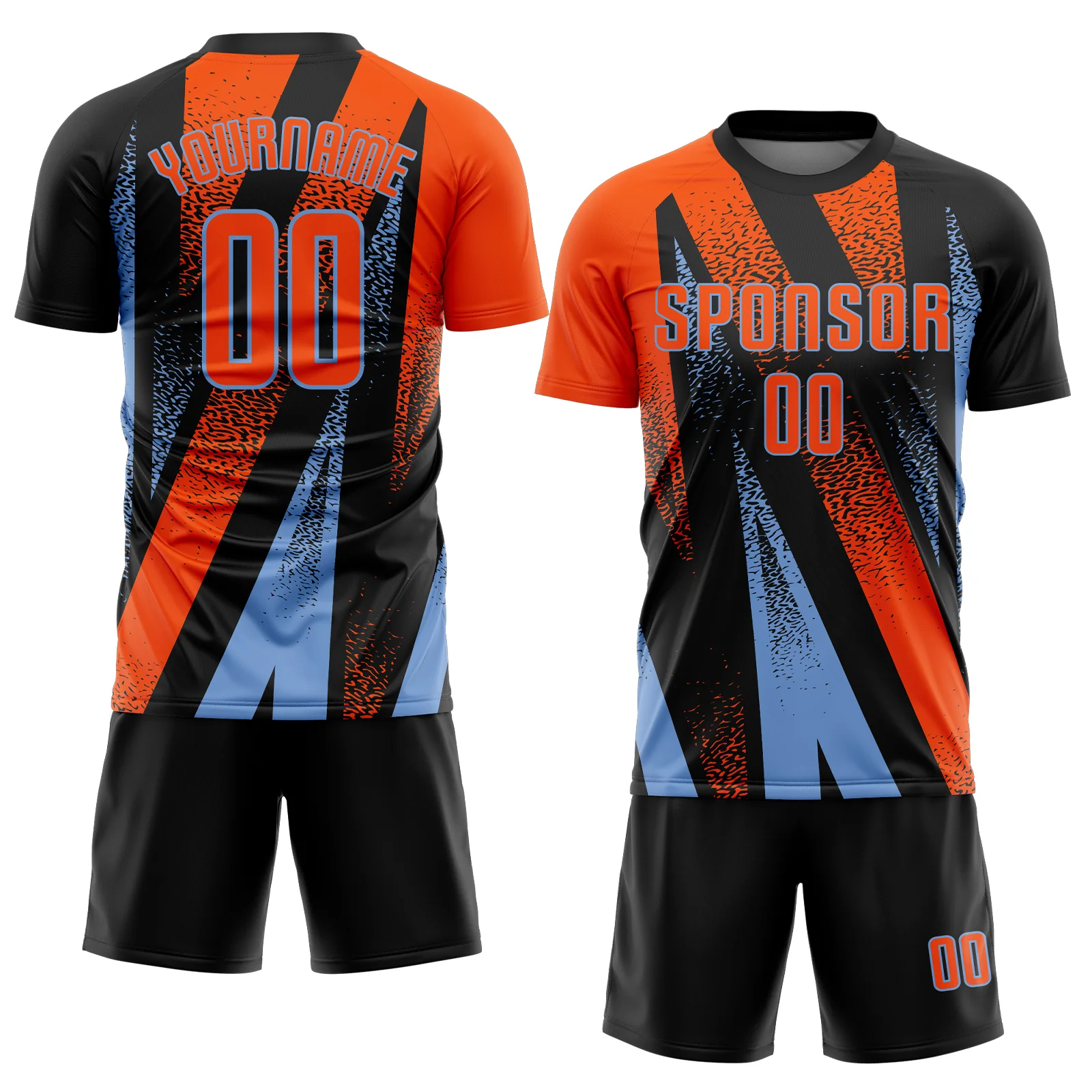 Custom Black Orange-Powder Blue Radial Burst Sports Sublimation Soccer Uniform Jersey - Image 2