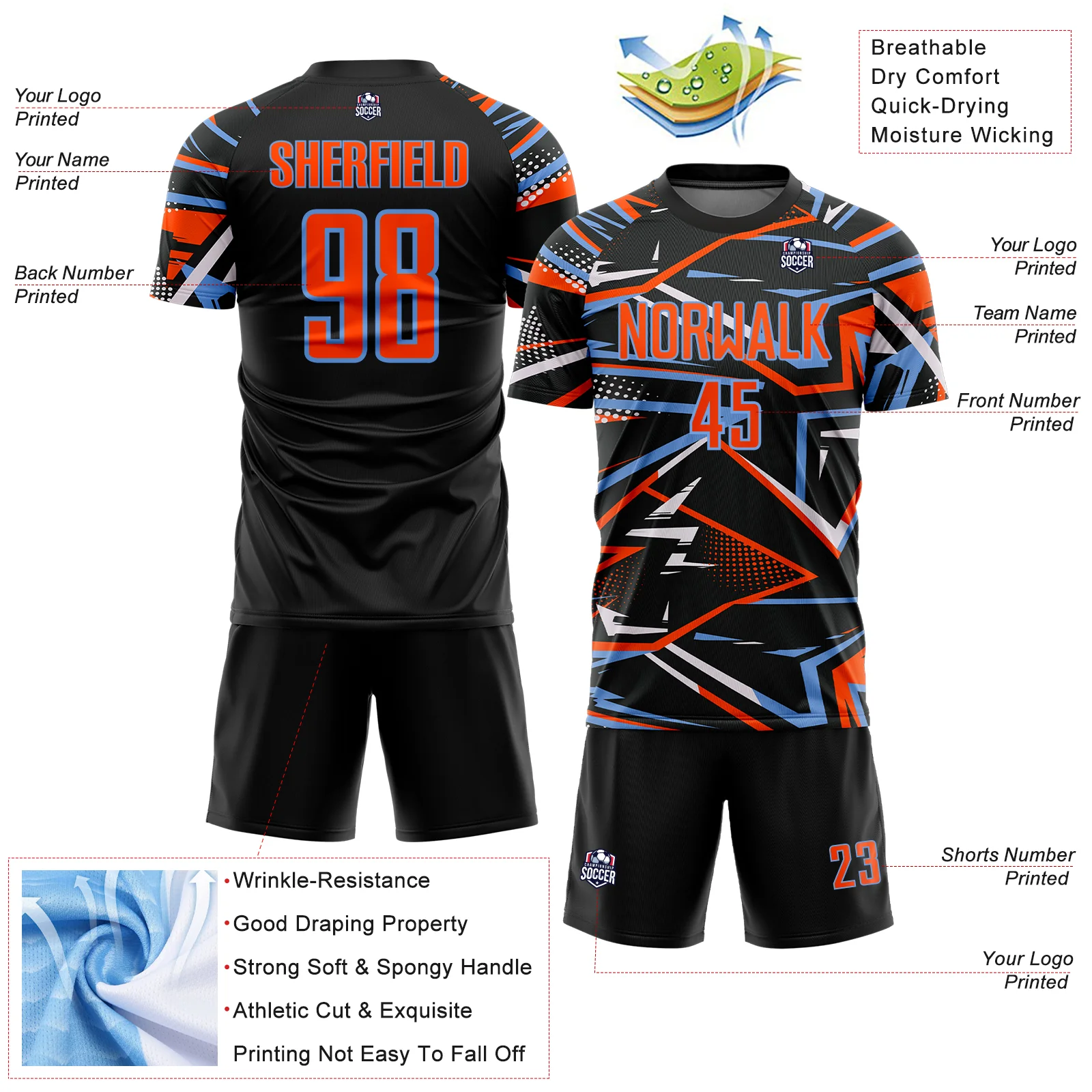 Custom Black Orange Powder Blue-White Abstract Geometric Stripes Sports Sublimation Soccer Uniform Jersey - Image 4