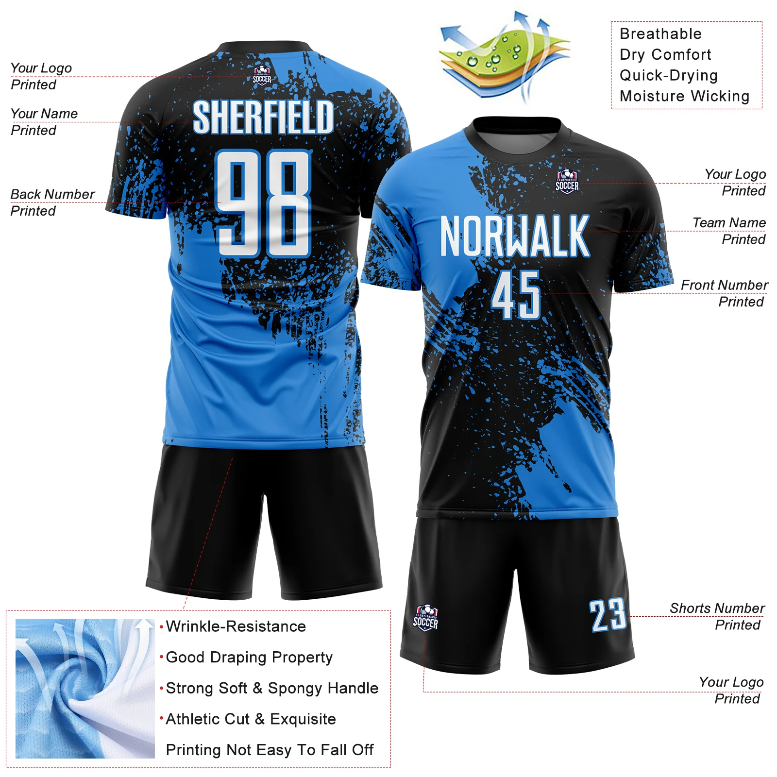 Custom Black White-Powder Blue Abstract Brush Stroke Sports Sublimation Soccer Uniform Jersey - Image 4