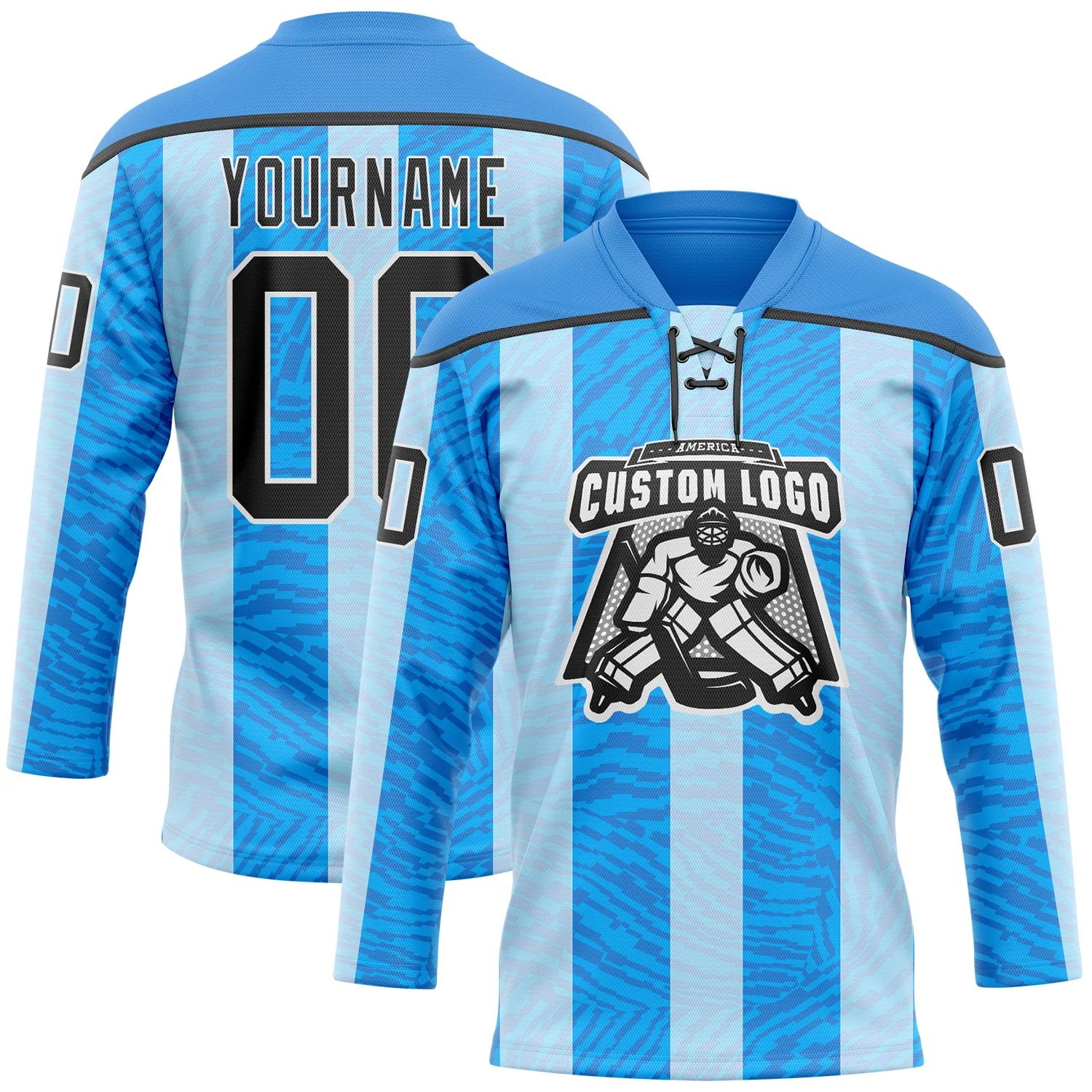 Custom Blue Black Powder Blue-White Stripe Hockey Lace Neck Jersey - Image 2