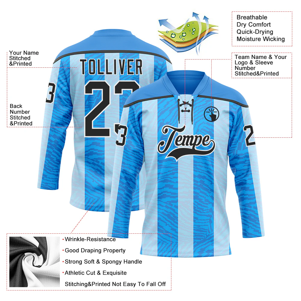 Custom Blue Black Powder Blue-White Stripe Hockey Lace Neck Jersey - Image 5