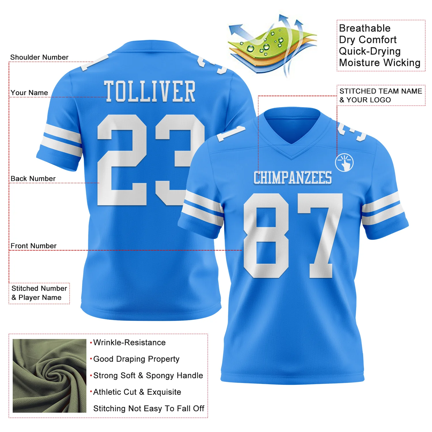 Custom Powder Blue White Authentic Football Jersey - Image 3