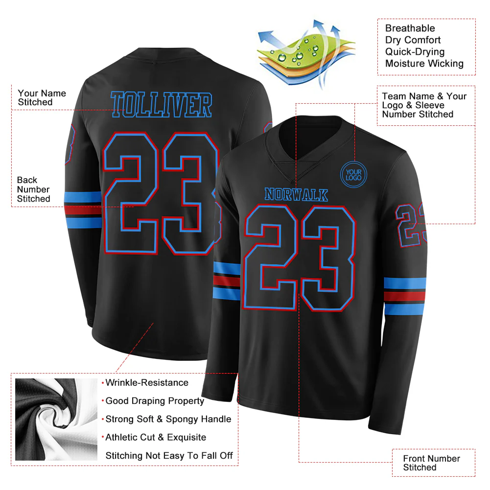 Custom Black Powder Blue-Red Long Sleeve Authentic Football Jersey - Image 2