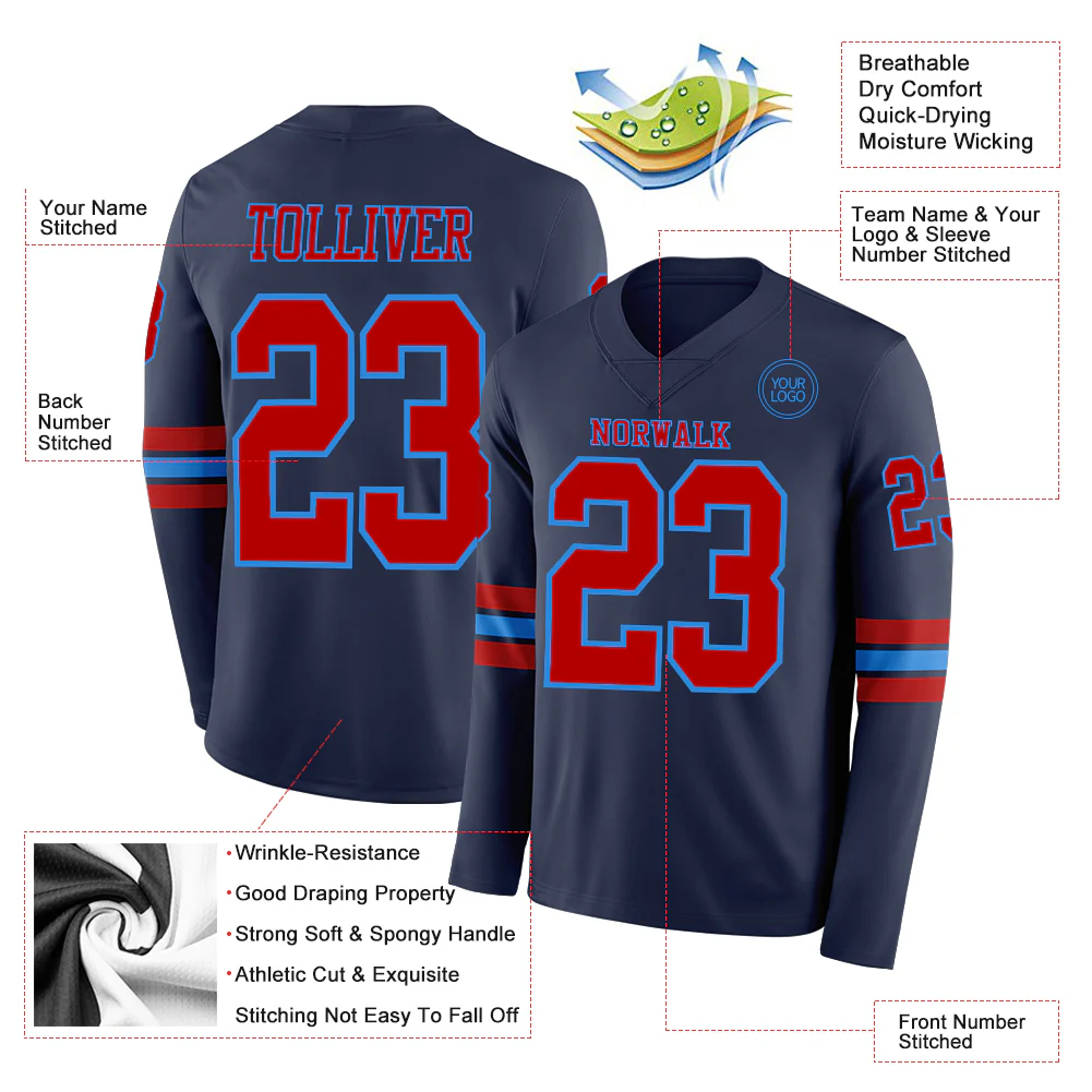 Custom Navy Red-Powder Blue Long Sleeve Authentic Football Jersey - Image 2