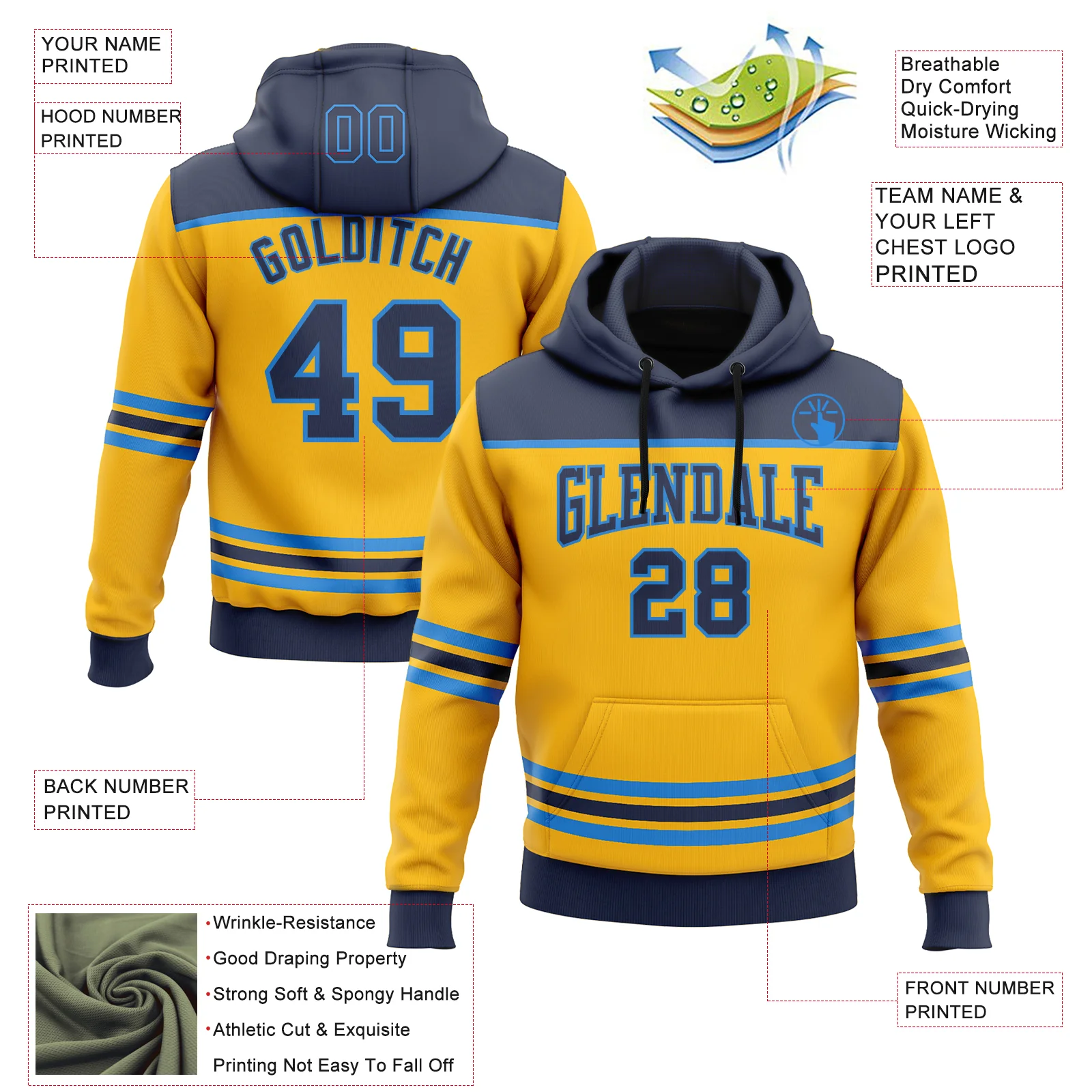 Custom Gold Navy-Powder Blue 3D Pattern Design Game Day Nashville Inspired Sports Pullover Sweatshirt Hoodie - Image 2