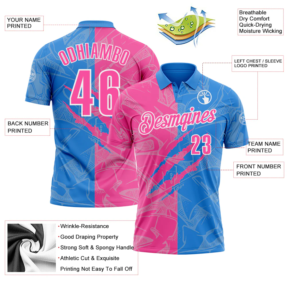 Custom Graffiti Pattern Pink Powder Blue-White 3D Scratch Performance Polo Shirt - Image 3