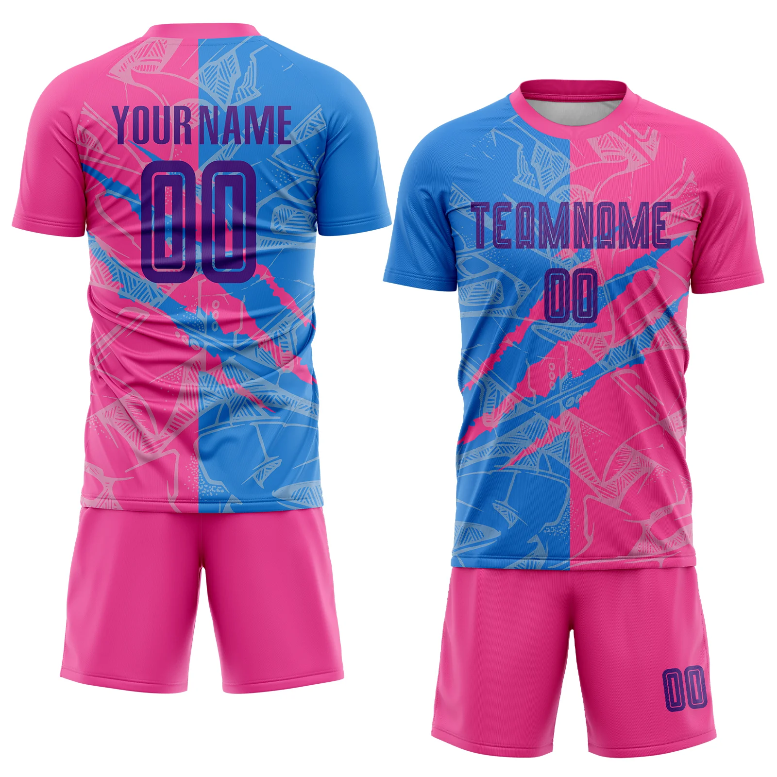 Custom Graffiti Pattern Purple Powder Blue-Pink Scratch Sublimation Soccer Uniform Jersey - Image 2