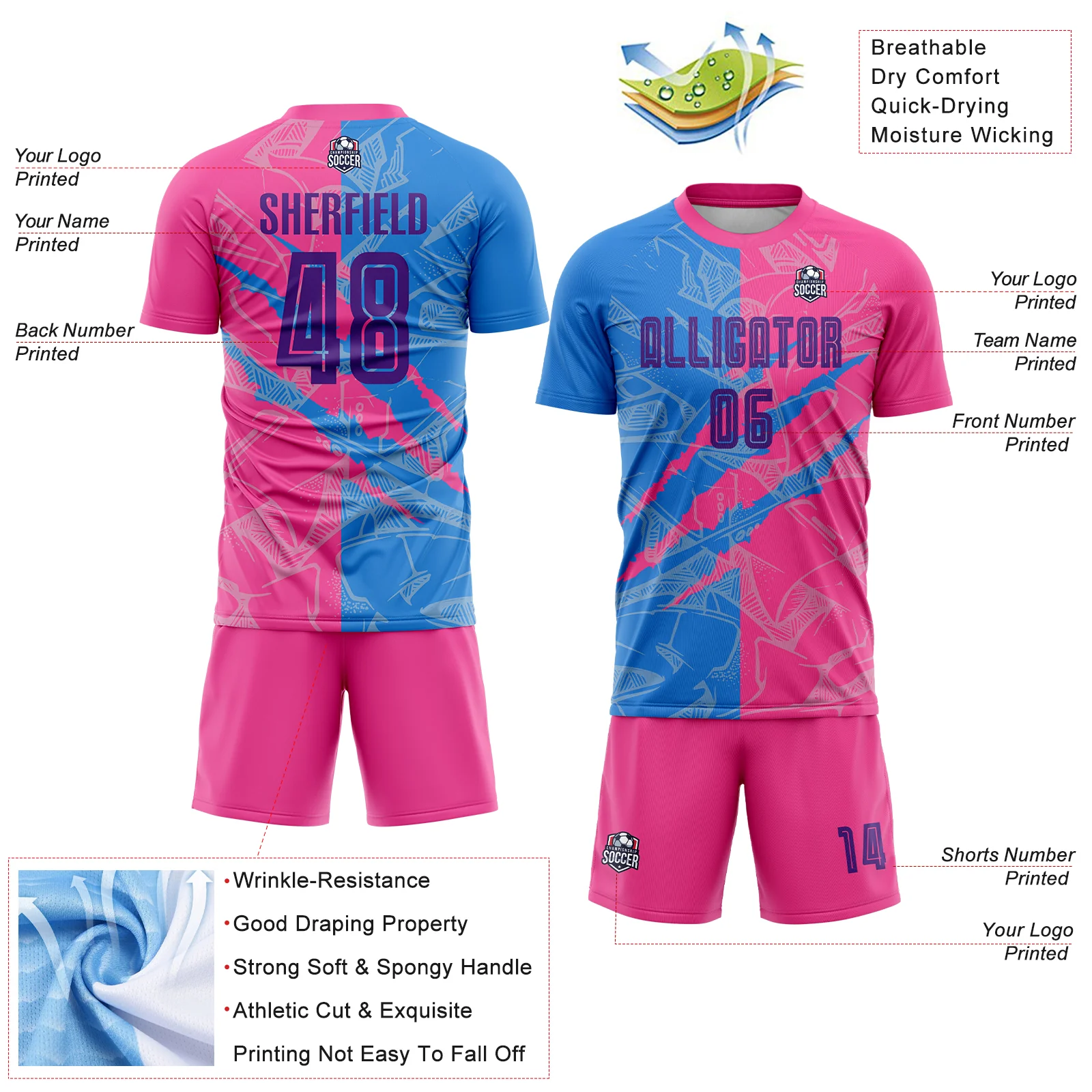 Custom Graffiti Pattern Purple Powder Blue-Pink Scratch Sublimation Soccer Uniform Jersey - Image 4