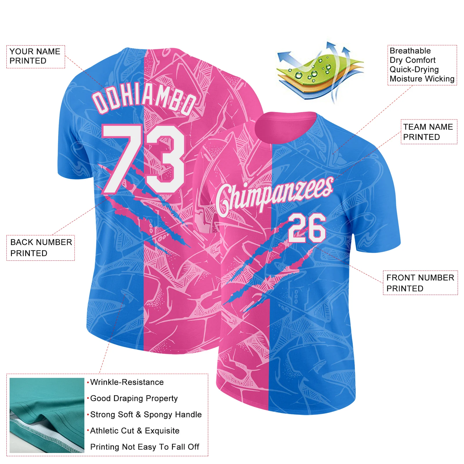 Custom Graffiti Pattern White Powder Blue-Pink Scratch 3D Performance T-Shirt - Image 2