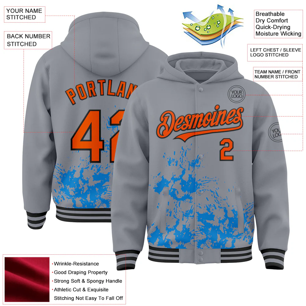 Custom Gray Orange Powder Blue-Black Splash Art 3D Pattern Design Bomber Full-Snap Varsity Letterman Hoodie Jacket - Image 4