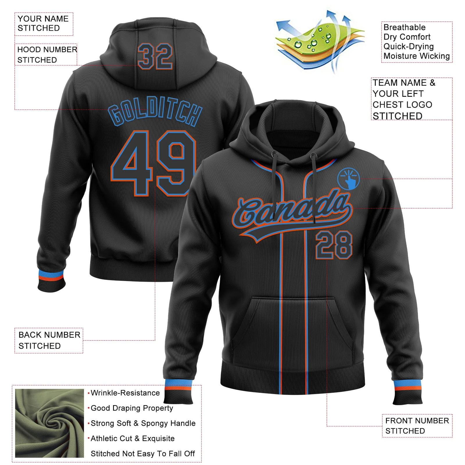 Custom Stitched Black Powder Blue-Orange Baseball Pullover Sweatshirt Hoodie - Image 2