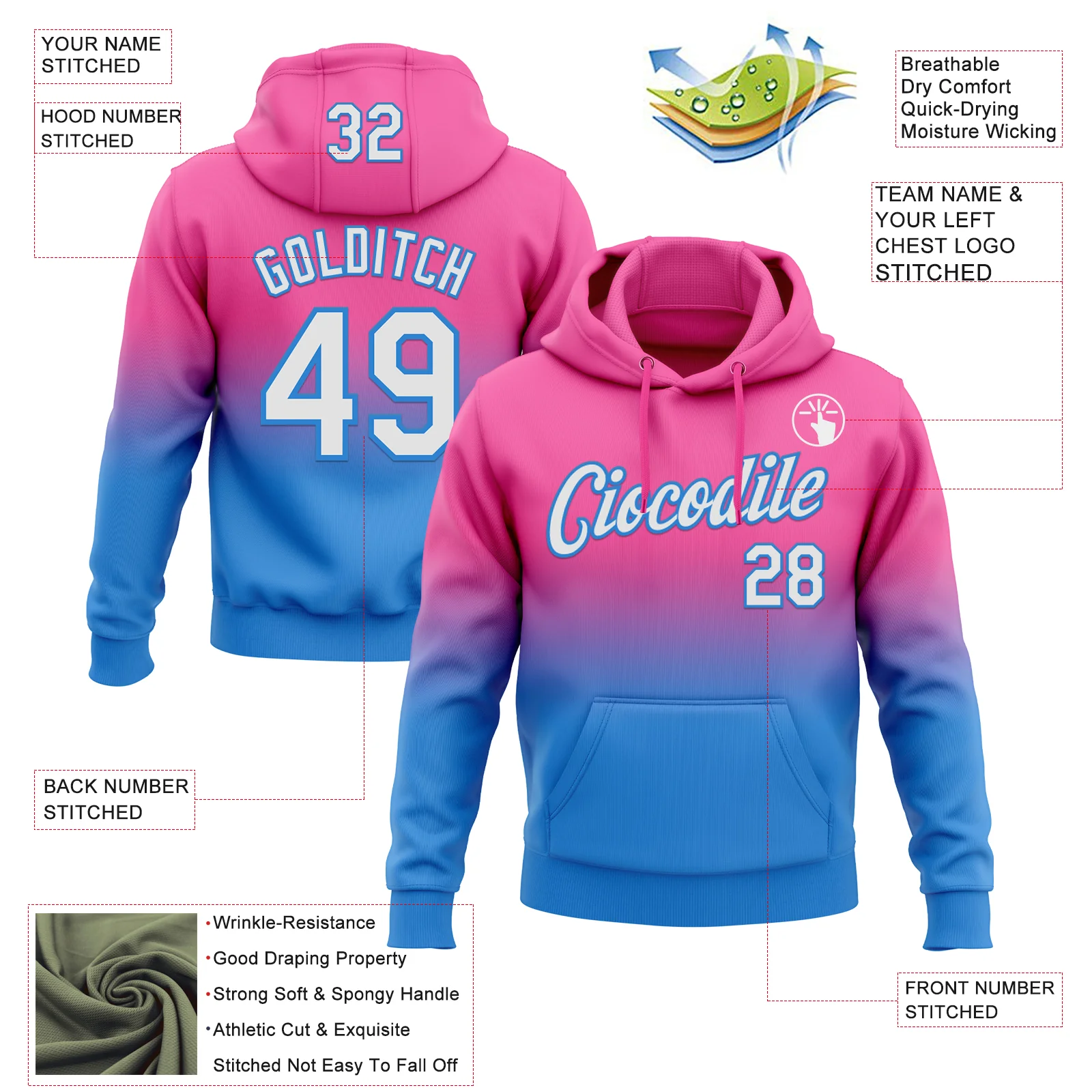 Custom Stitched Pink White-Powder Blue Fade Fashion Sports Pullover Sweatshirt Hoodie - Image 2