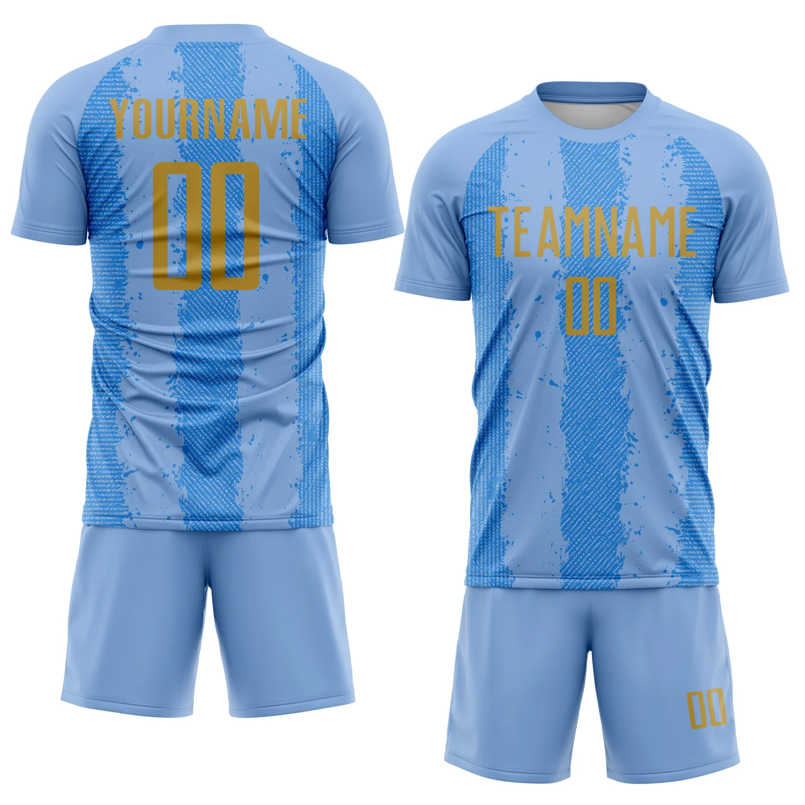 Custom Light Blue Old Gold-Powder Blue Argentina Stripes Sports Sublimation Soccer Uniform Jersey - Image 2
