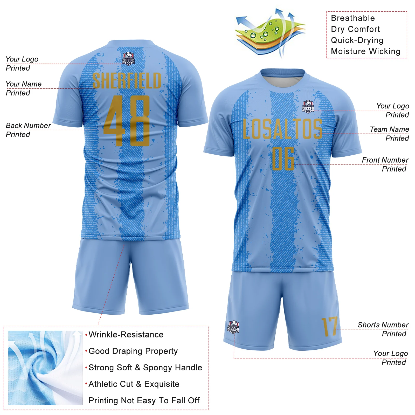 Custom Light Blue Old Gold-Powder Blue Argentina Stripes Sports Sublimation Soccer Uniform Jersey - Image 4