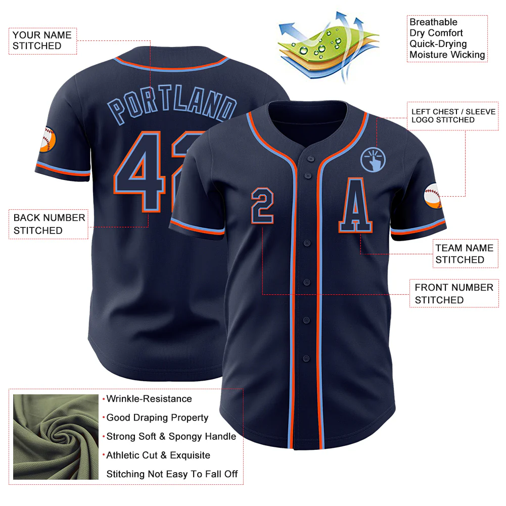 Custom Navy Powder Blue-Orange Authentic Baseball Jersey - Image 2