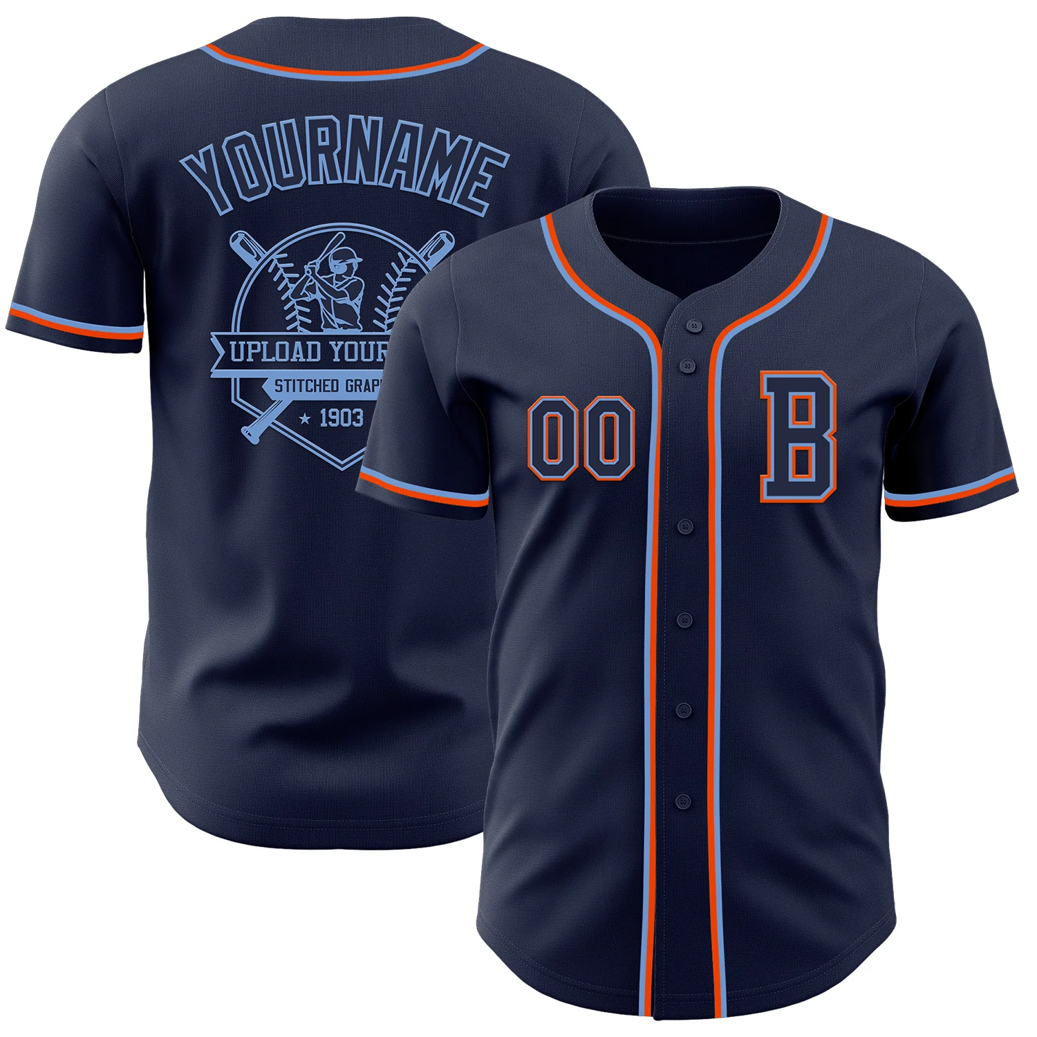 Custom Navy Powder Blue-Orange Authentic Baseball Jersey - Image 5