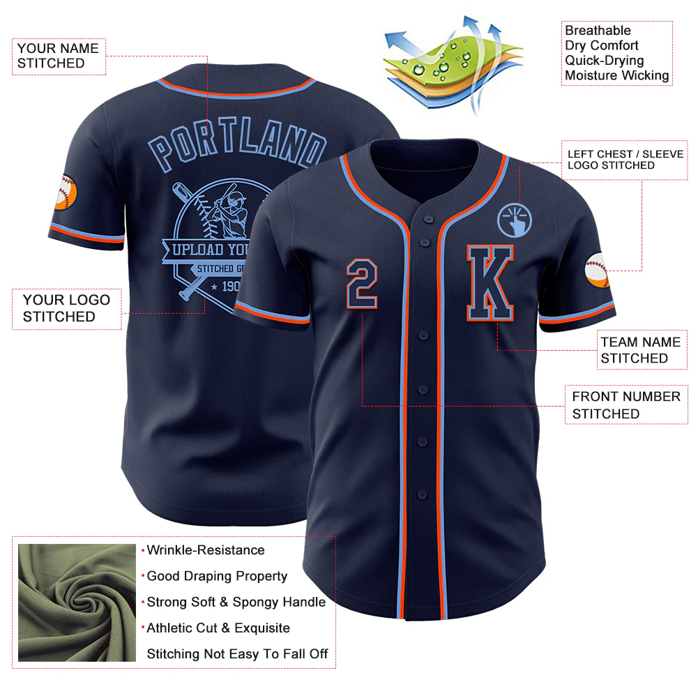 Custom Navy Powder Blue-Orange Authentic Baseball Jersey - Image 6