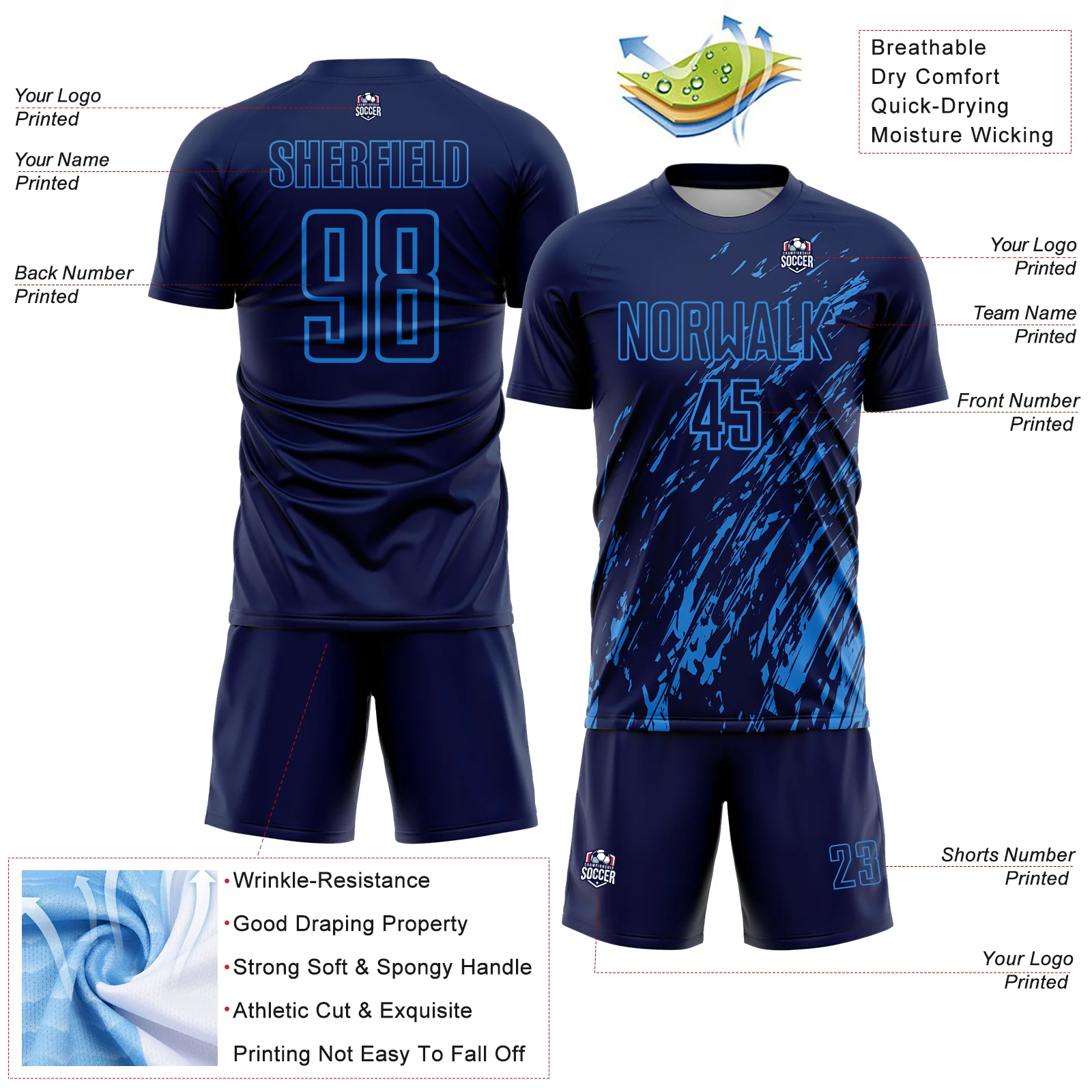 Custom Navy Powder Blue Splash Sublimation Soccer Uniform Jersey - Image 4