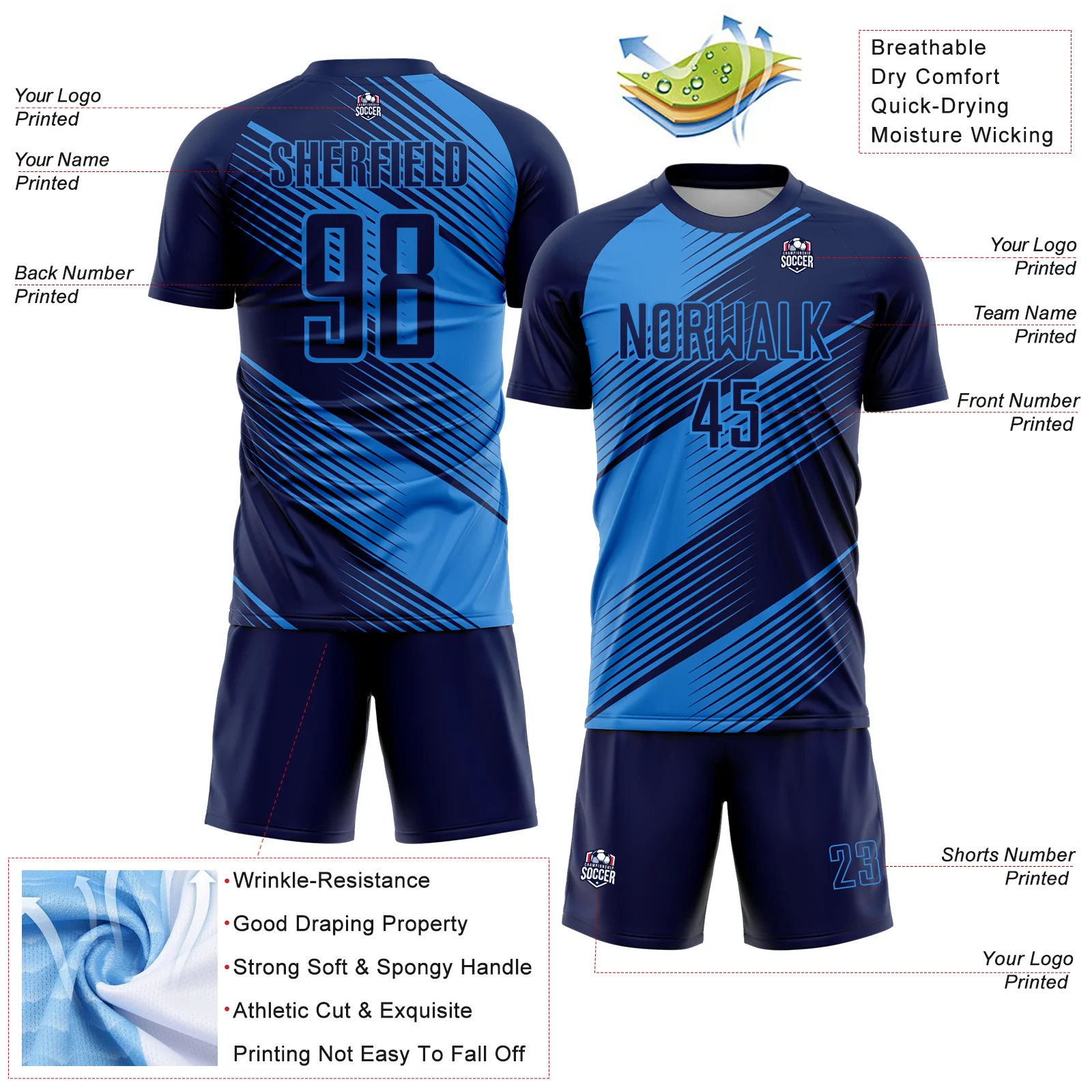 Custom Navy Powder Blue Line Sublimation Soccer Uniform Jersey - Image 4