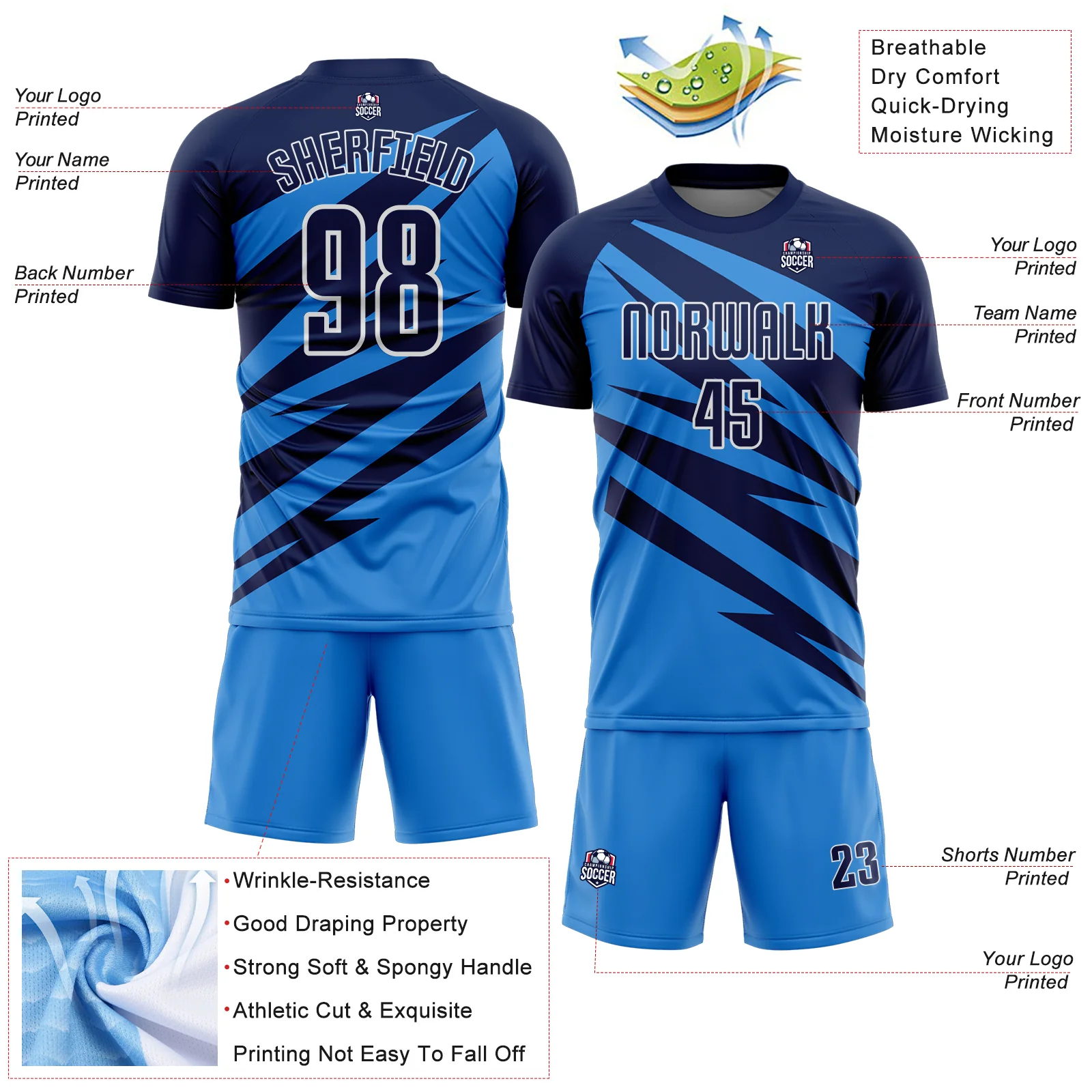 Custom Navy Powder Blue-White Abstract Line Sports Sublimation Soccer Uniform Jersey - Image 4