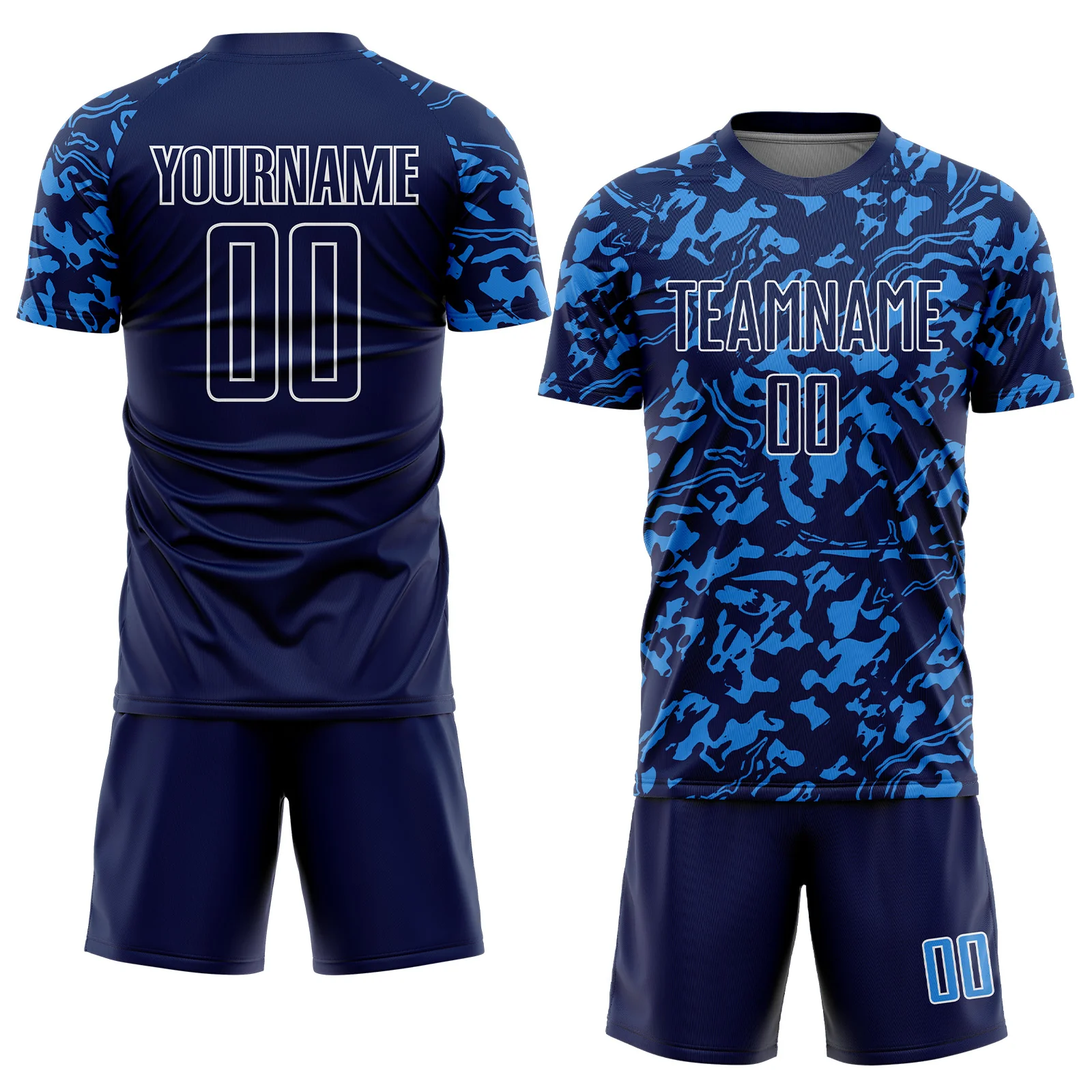 Custom Navy Powder Blue-White Liquid Fluid Pattern Sports Sublimation Soccer Uniform Jersey - Image 2