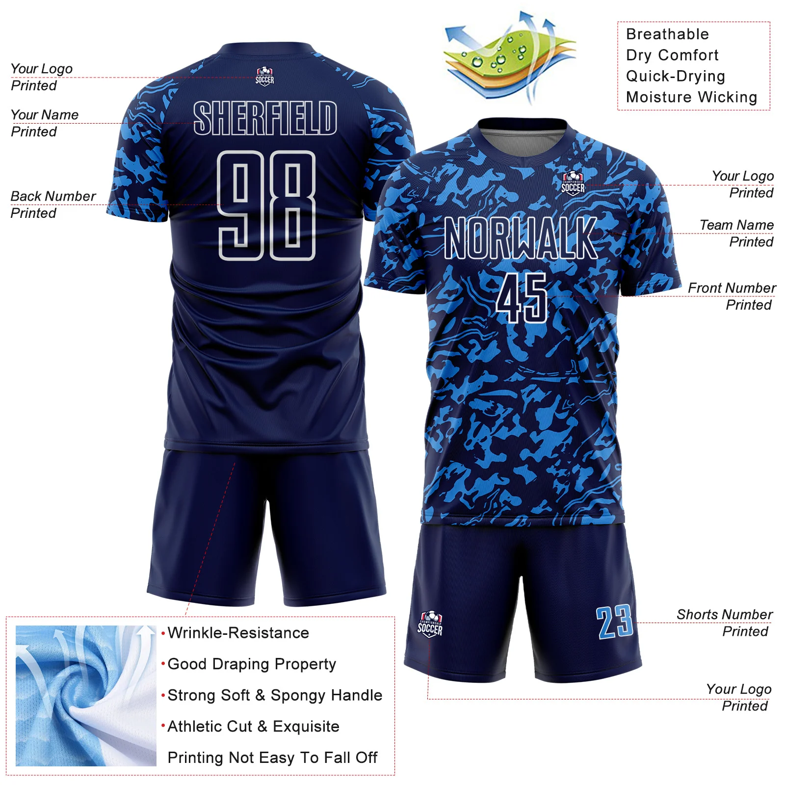 Custom Navy Powder Blue-White Liquid Fluid Pattern Sports Sublimation Soccer Uniform Jersey - Image 4