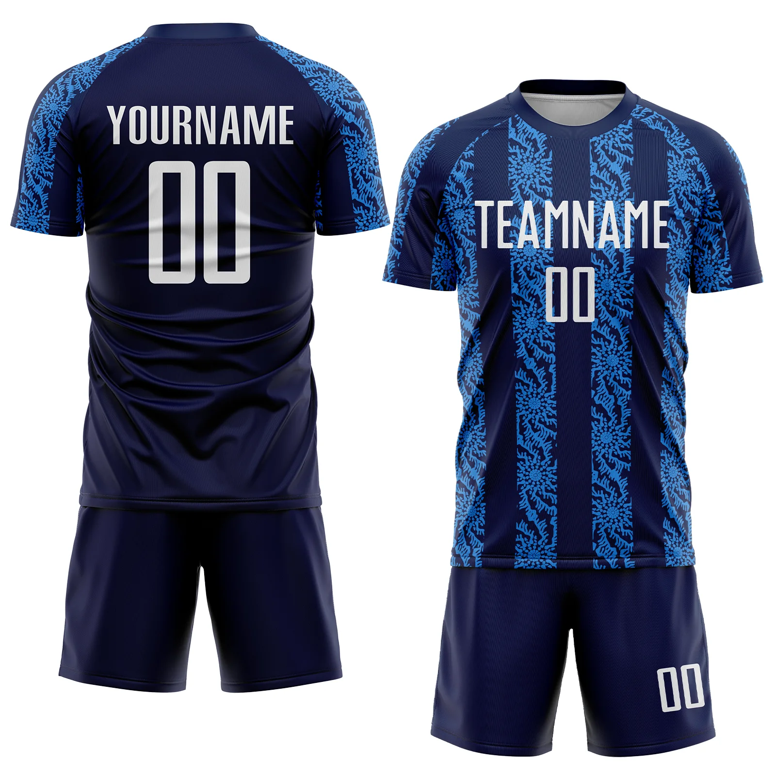 Custom Navy White-Powder Blue Abstract Shape Sublimation Soccer Uniform Jersey - Image 2