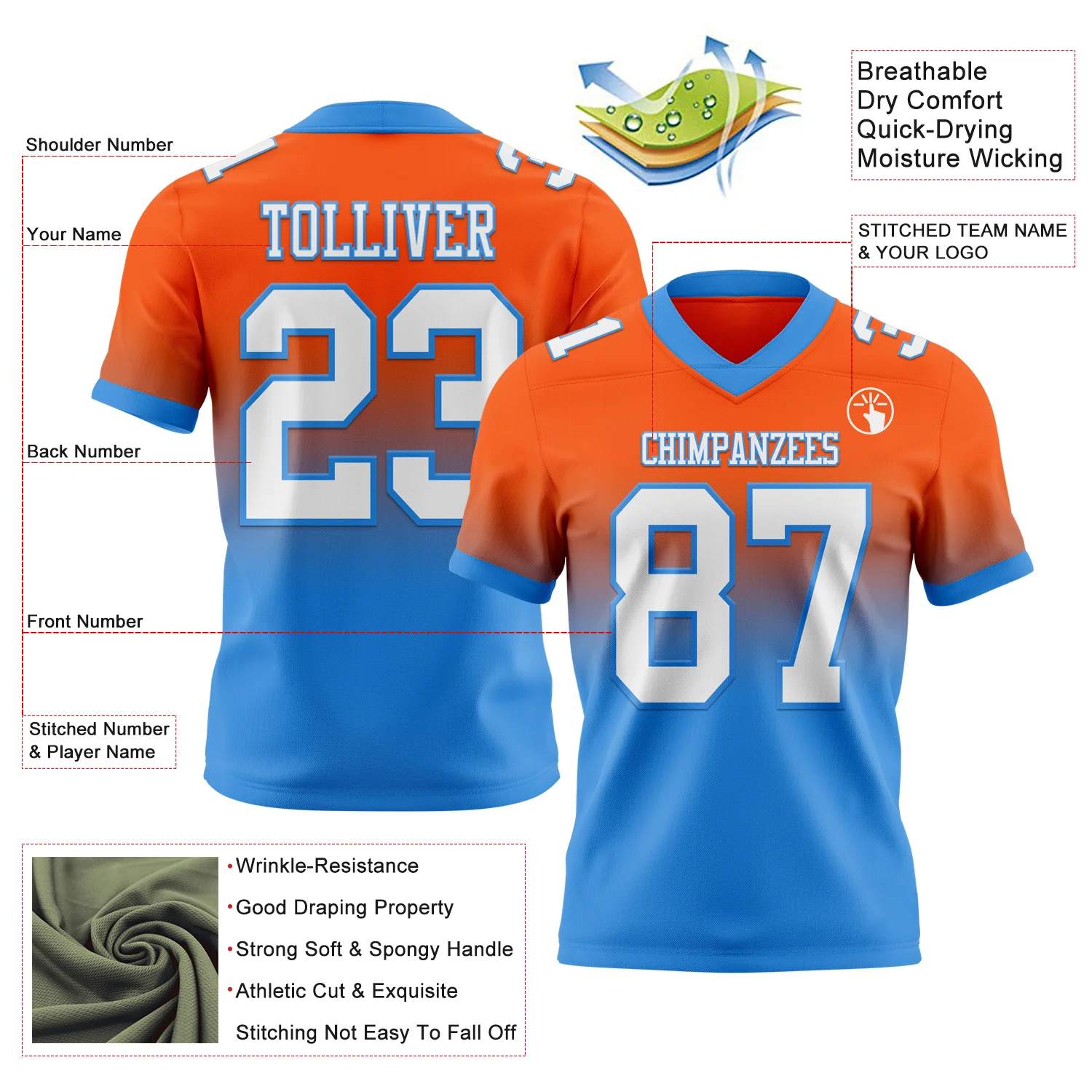 Custom Orange White-Powder Blue Authentic Fade Fashion Football Jersey - Image 2