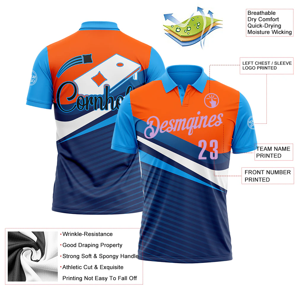 Custom Orange Light Purple Powder Blue-Navy 3D Cornhole Performance Polo Shirt - Image 3