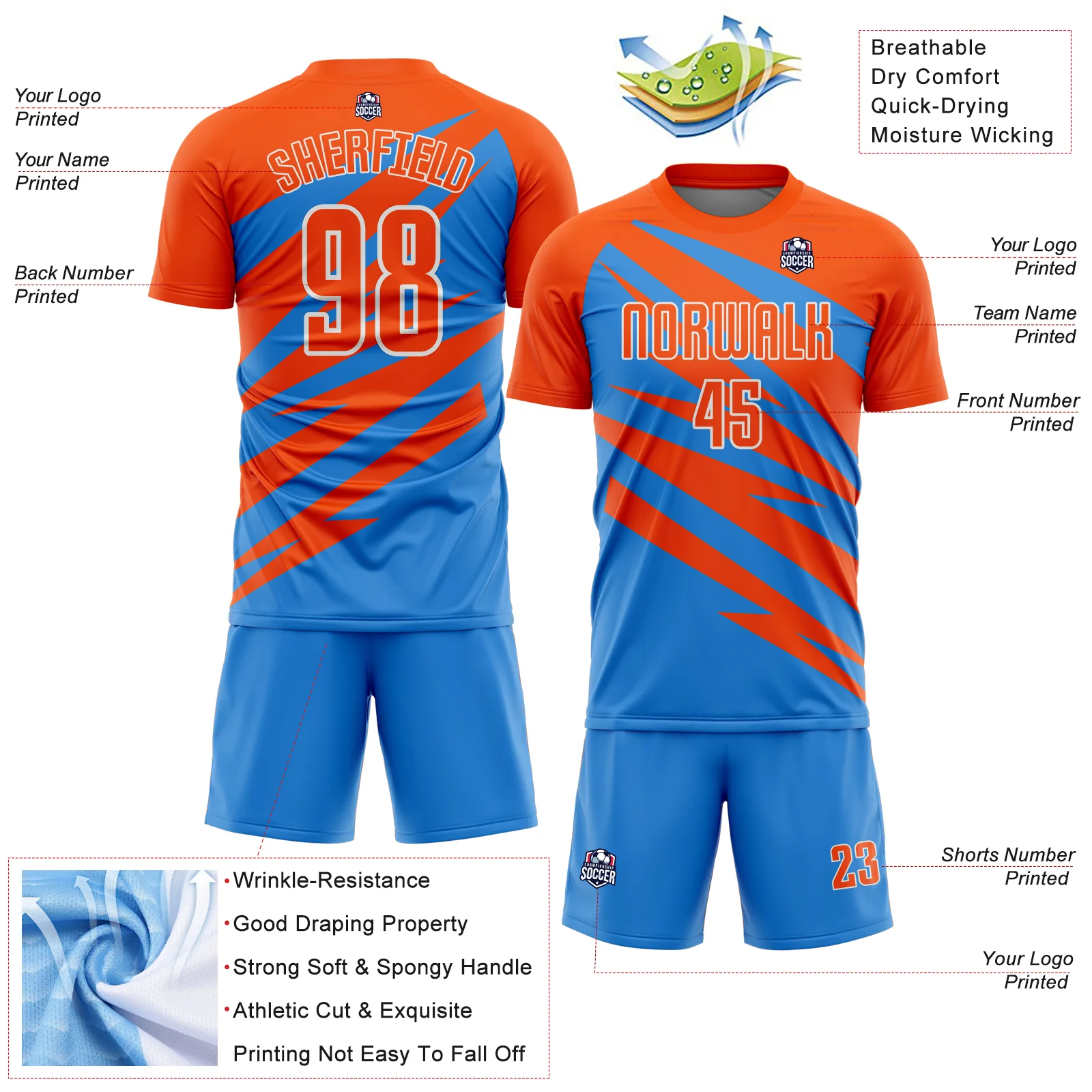 Custom Orange Powder Blue-White Abstract Line Sports Sublimation Soccer Uniform Jersey - Image 4