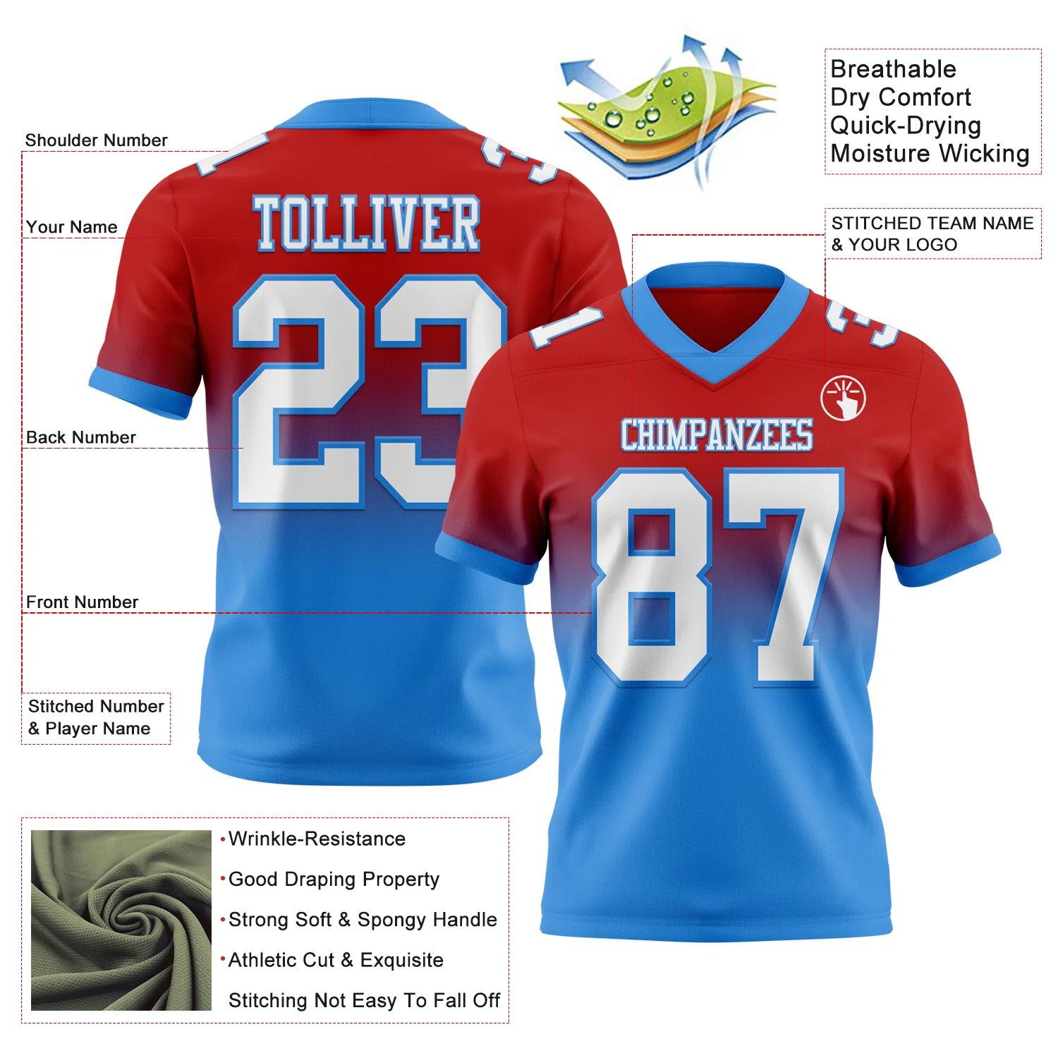Custom Red White-Powder Blue Authentic Fade Fashion Football Jersey - Image 2