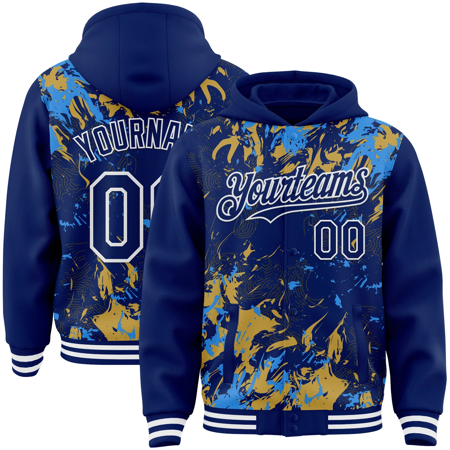 Custom Royal Powder Blue Old Gold-White Splash Bomber Full-Snap Varsity Letterman Hoodie Jacket