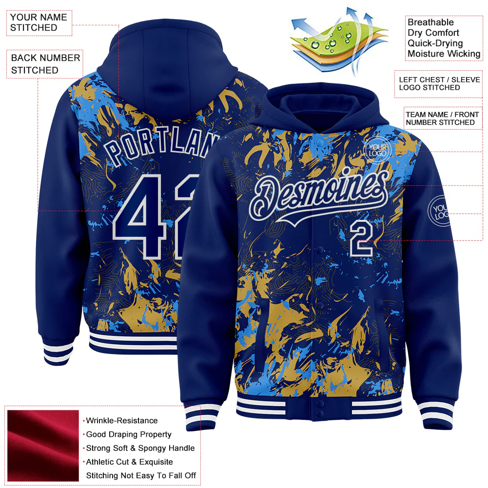 Custom Royal Powder Blue Old Gold-White Splash Bomber Full-Snap Varsity Letterman Hoodie Jacket - Image 4