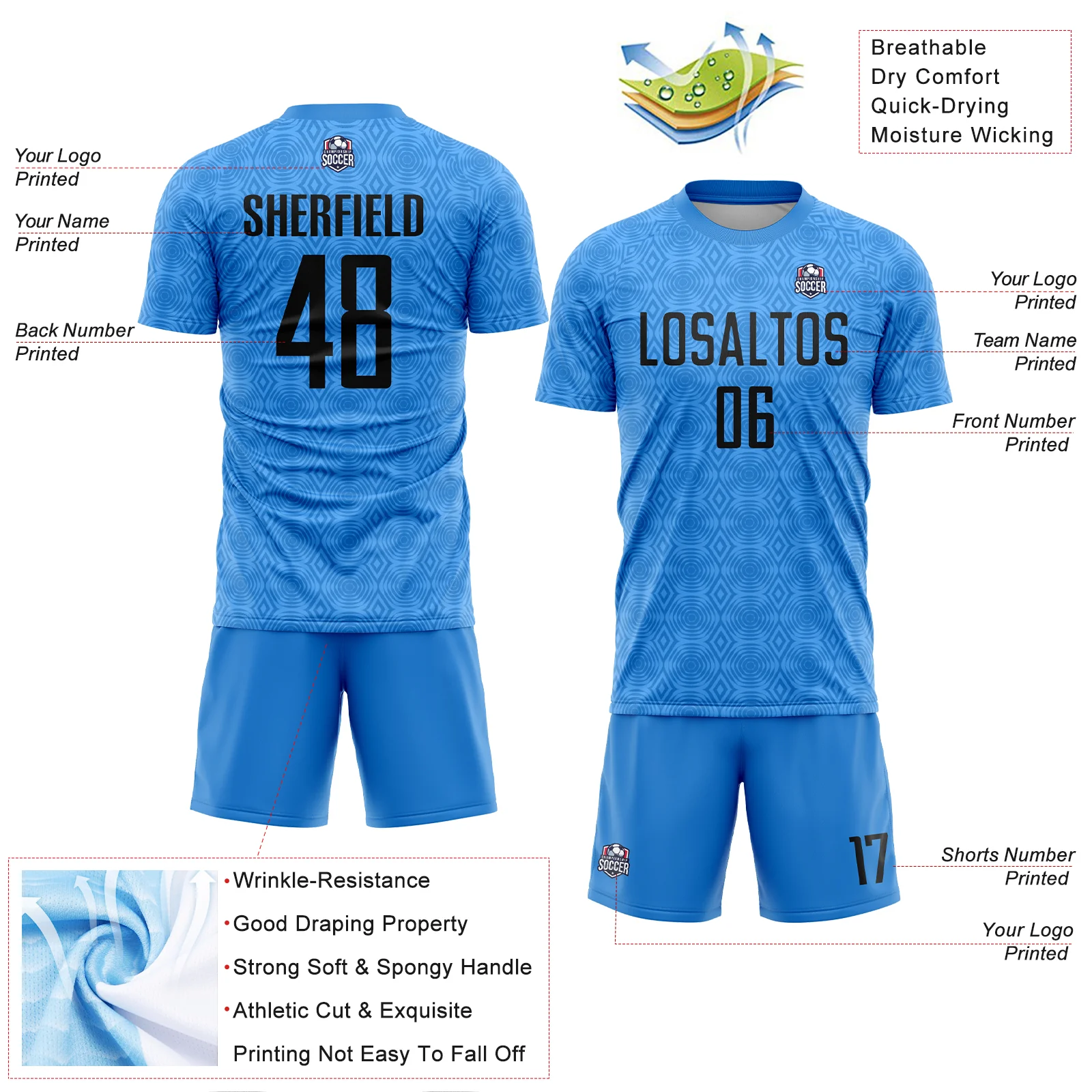 Custom Powder Blue Black Geometric Shapes Sublimation Soccer Uniform Jersey - Image 4