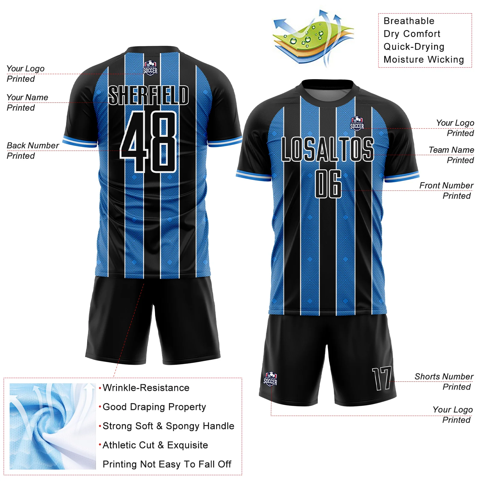 Custom Black Powder Blue-White Pinstripe Line Sports Sublimation Soccer Uniform Jersey - Image 4