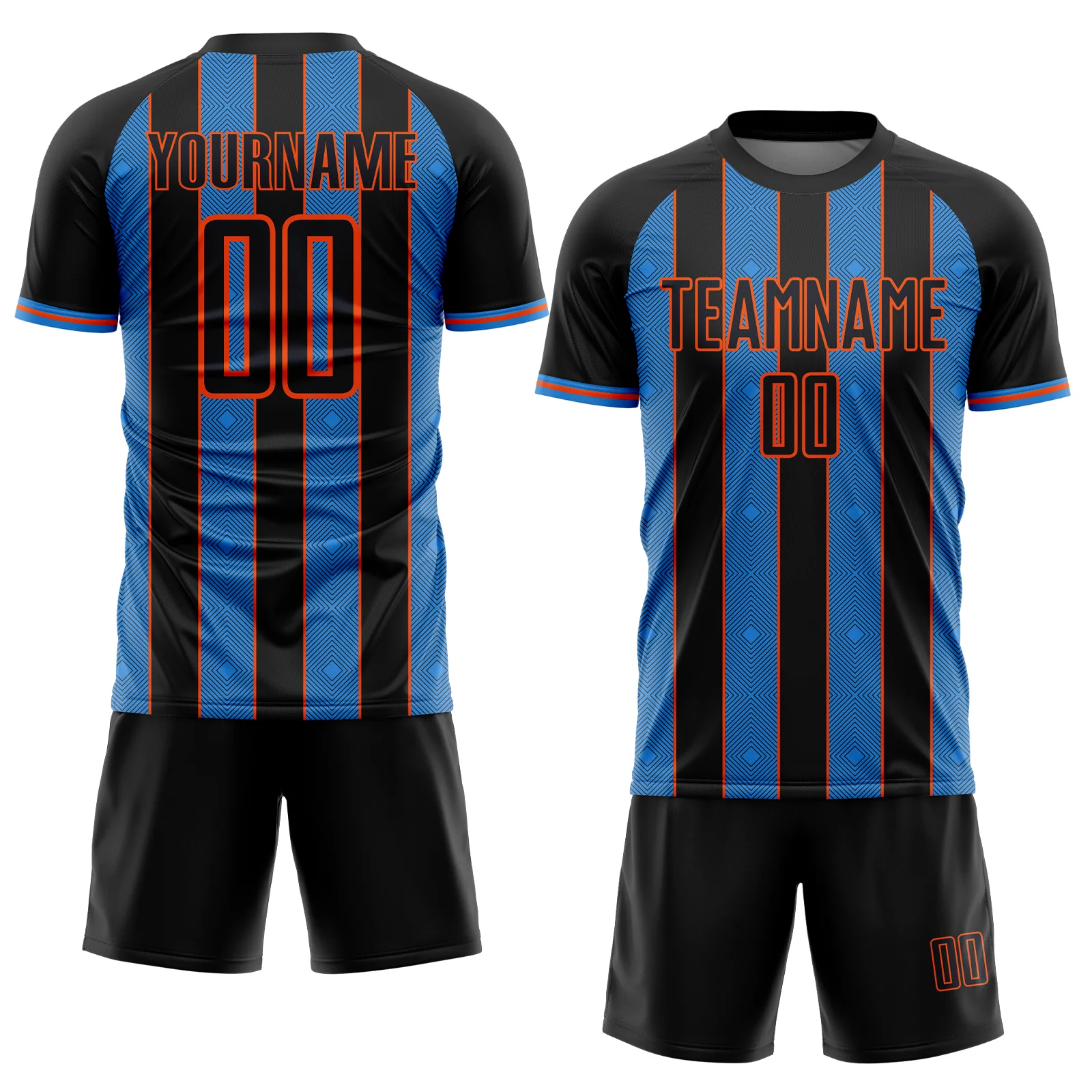 Custom Black Powder Blue-Orange Pinstripe Line Sports Sublimation Soccer Uniform Jersey - Image 2