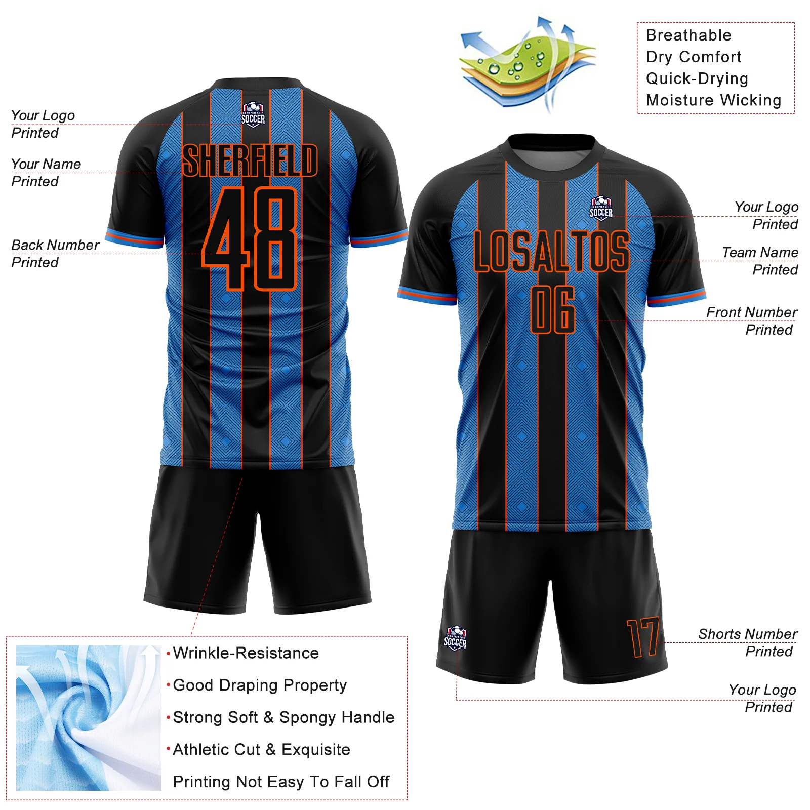 Custom Black Powder Blue-Orange Pinstripe Line Sports Sublimation Soccer Uniform Jersey - Image 4