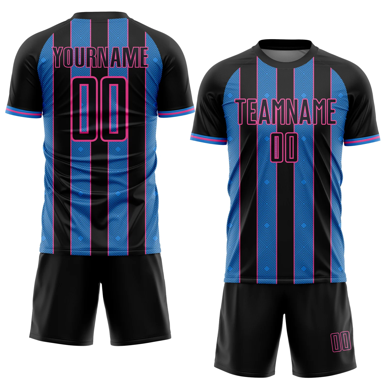 Custom Black Powder Blue-Pink Pinstripe Line Sports Sublimation Soccer Uniform Jersey - Image 2