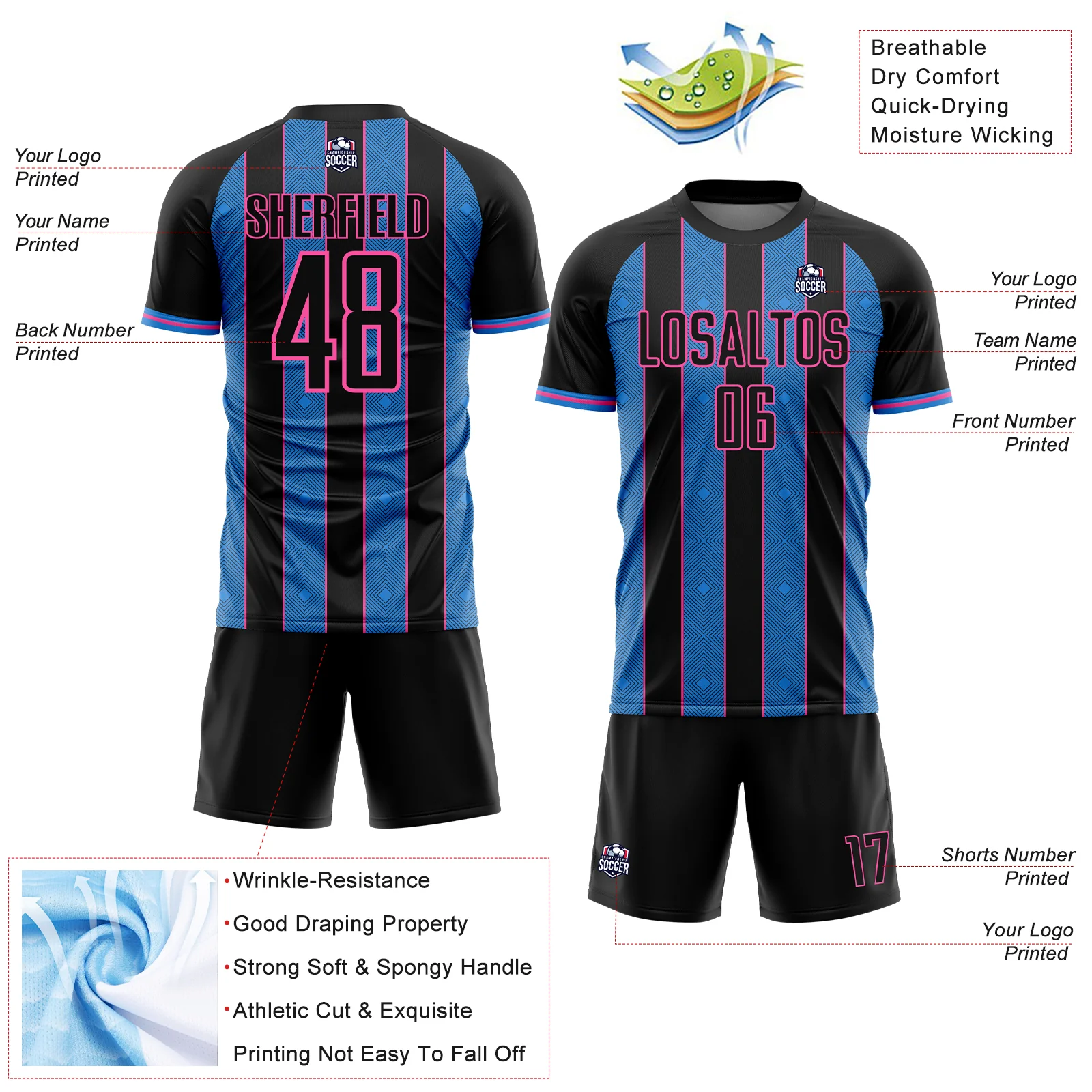Custom Black Powder Blue-Pink Pinstripe Line Sports Sublimation Soccer Uniform Jersey - Image 4