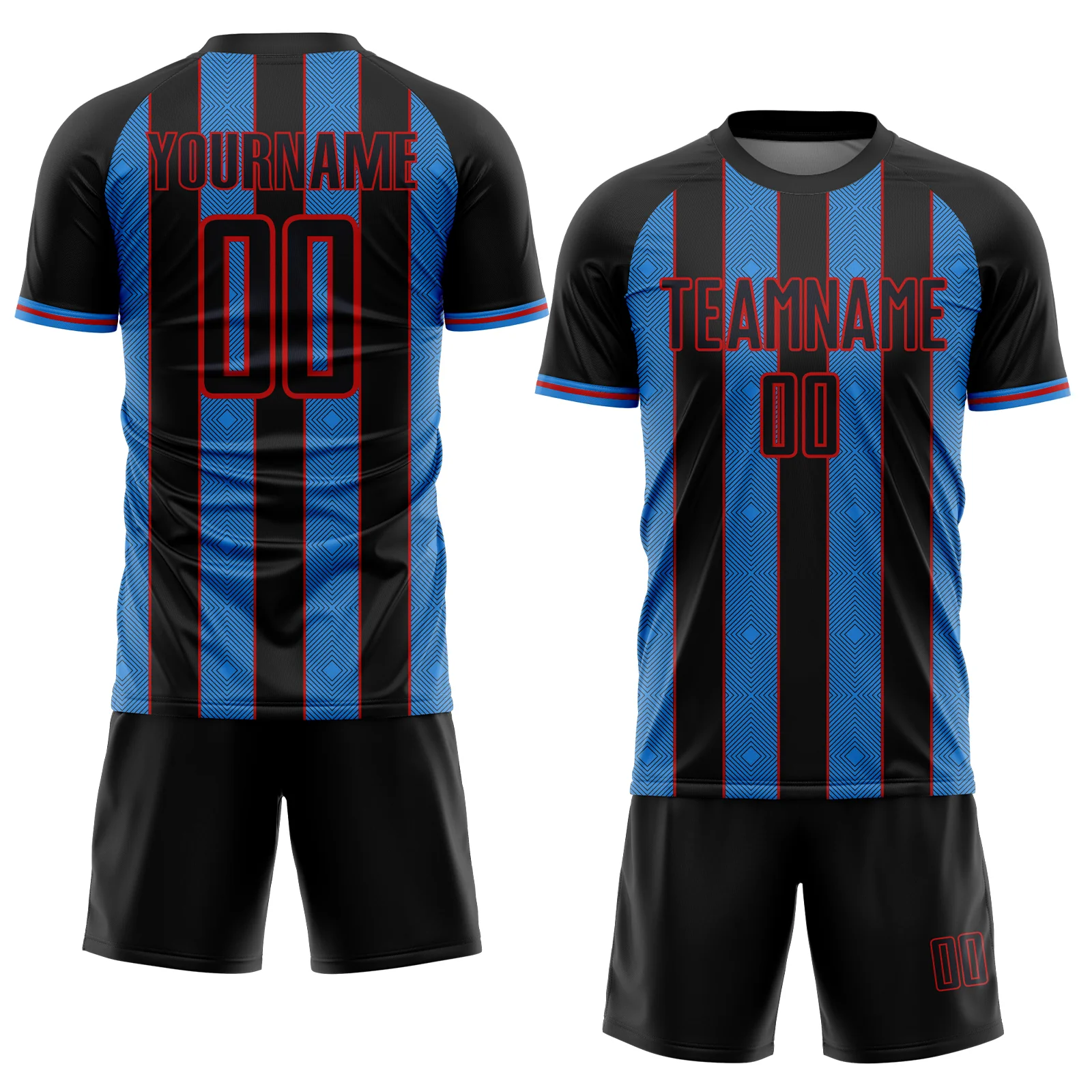 Custom Black Powder Blue-Red Pinstripe Line Sports Sublimation Soccer Uniform Jersey - Image 2