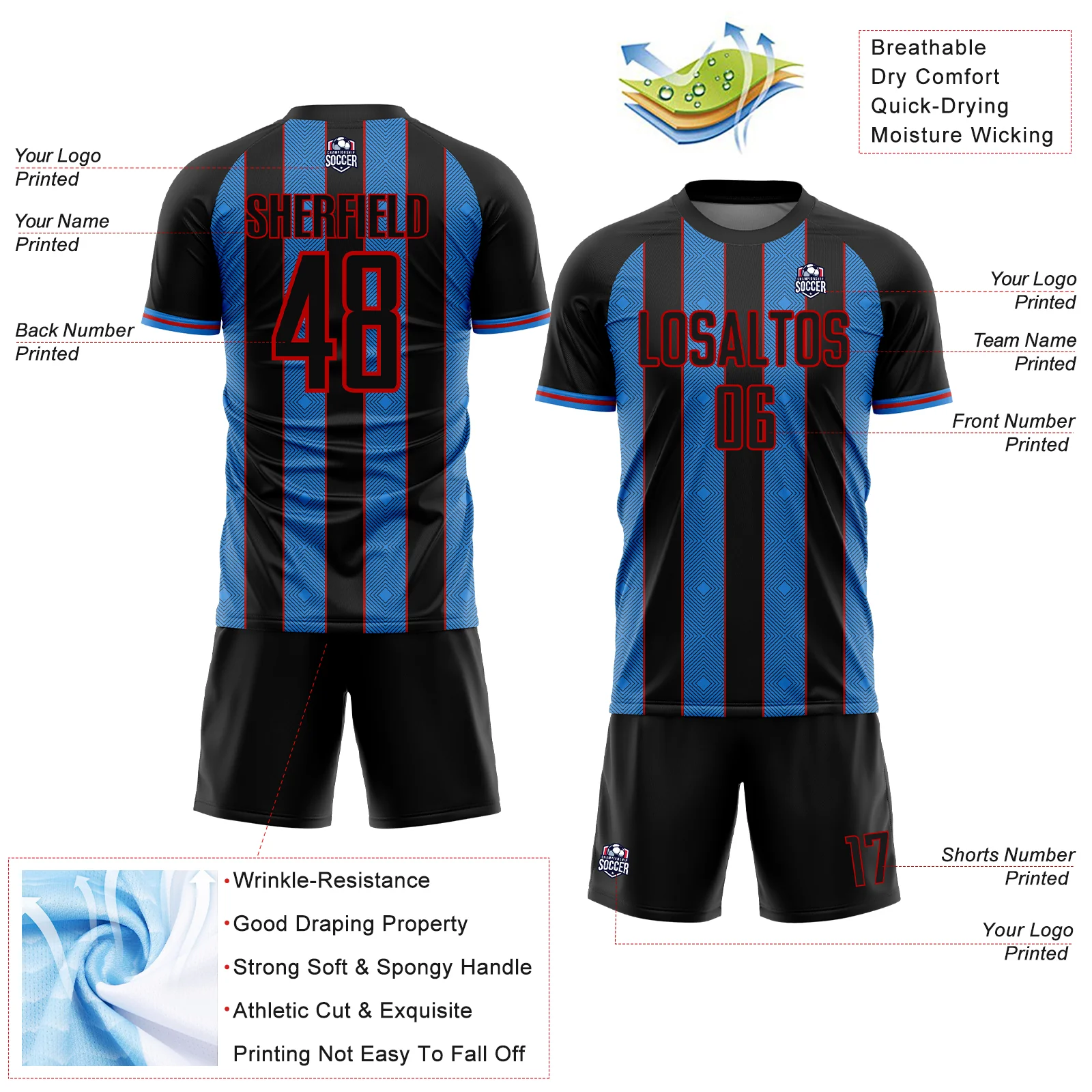 Custom Black Powder Blue-Red Pinstripe Line Sports Sublimation Soccer Uniform Jersey - Image 4