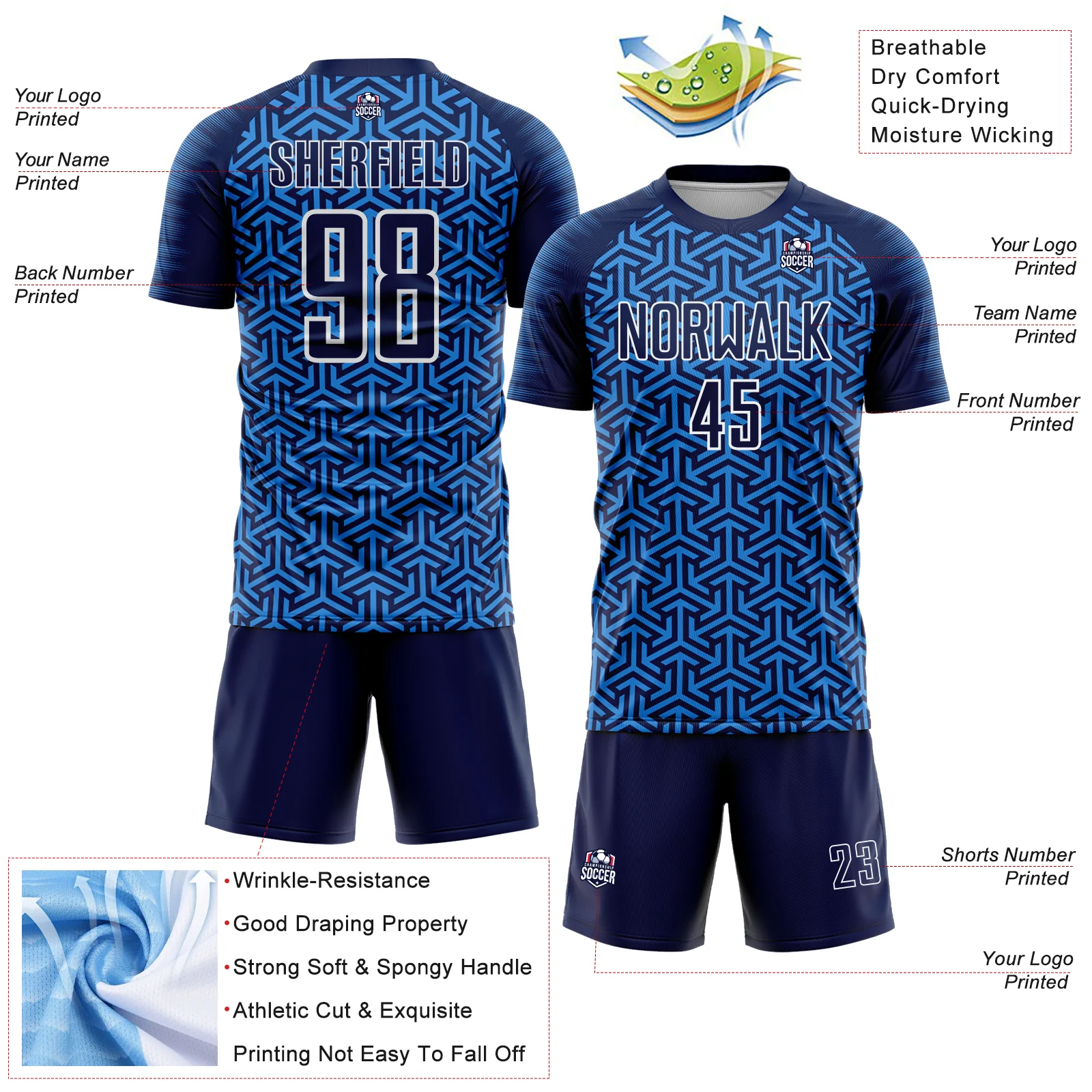 Custom Navy Powder Blue-White Geometric Arrow Sublimation Soccer Uniform Jersey - Image 4