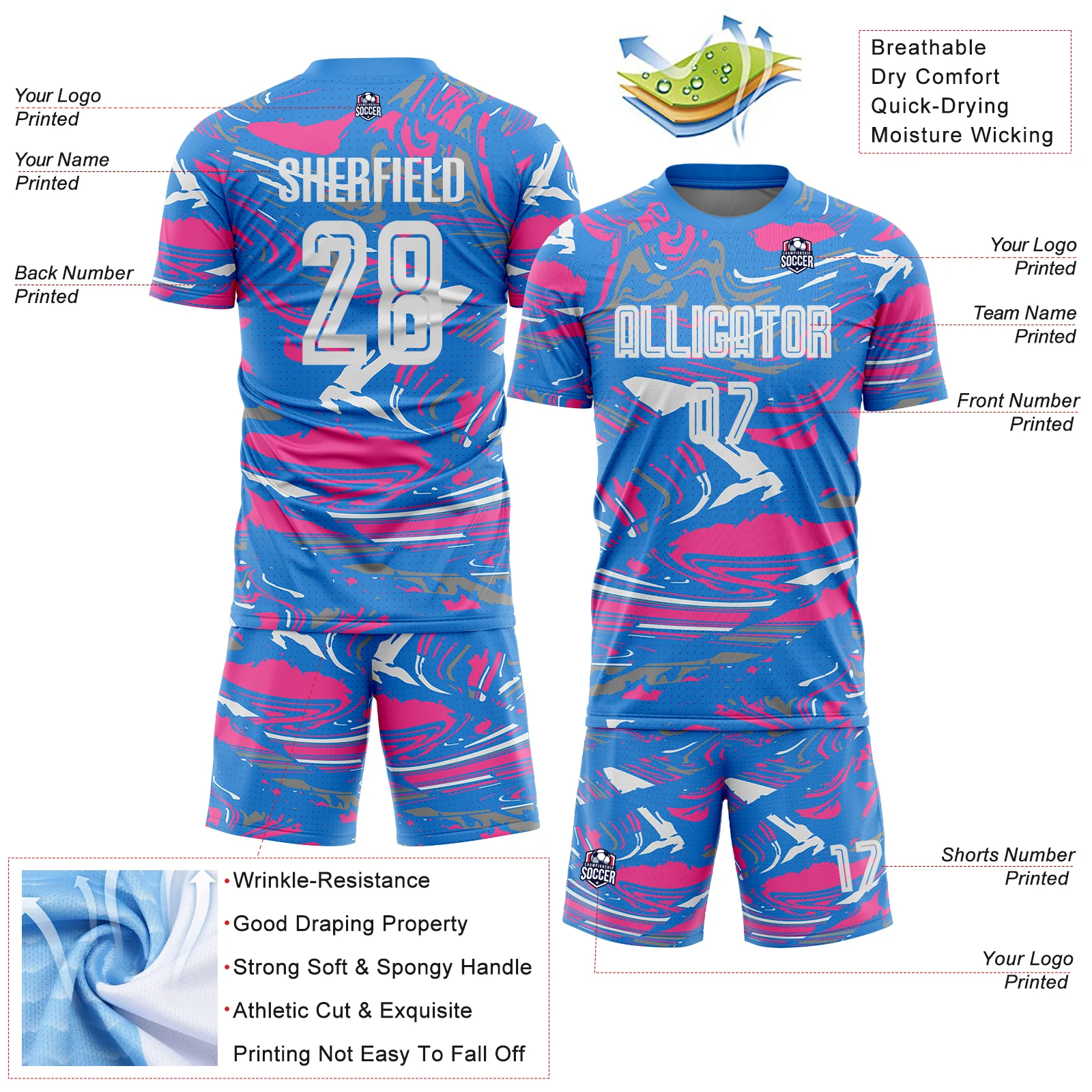 Custom Figure White Powder Blue-Pink Fluid Art Splash Sublimation Soccer Uniform Jersey - Image 4