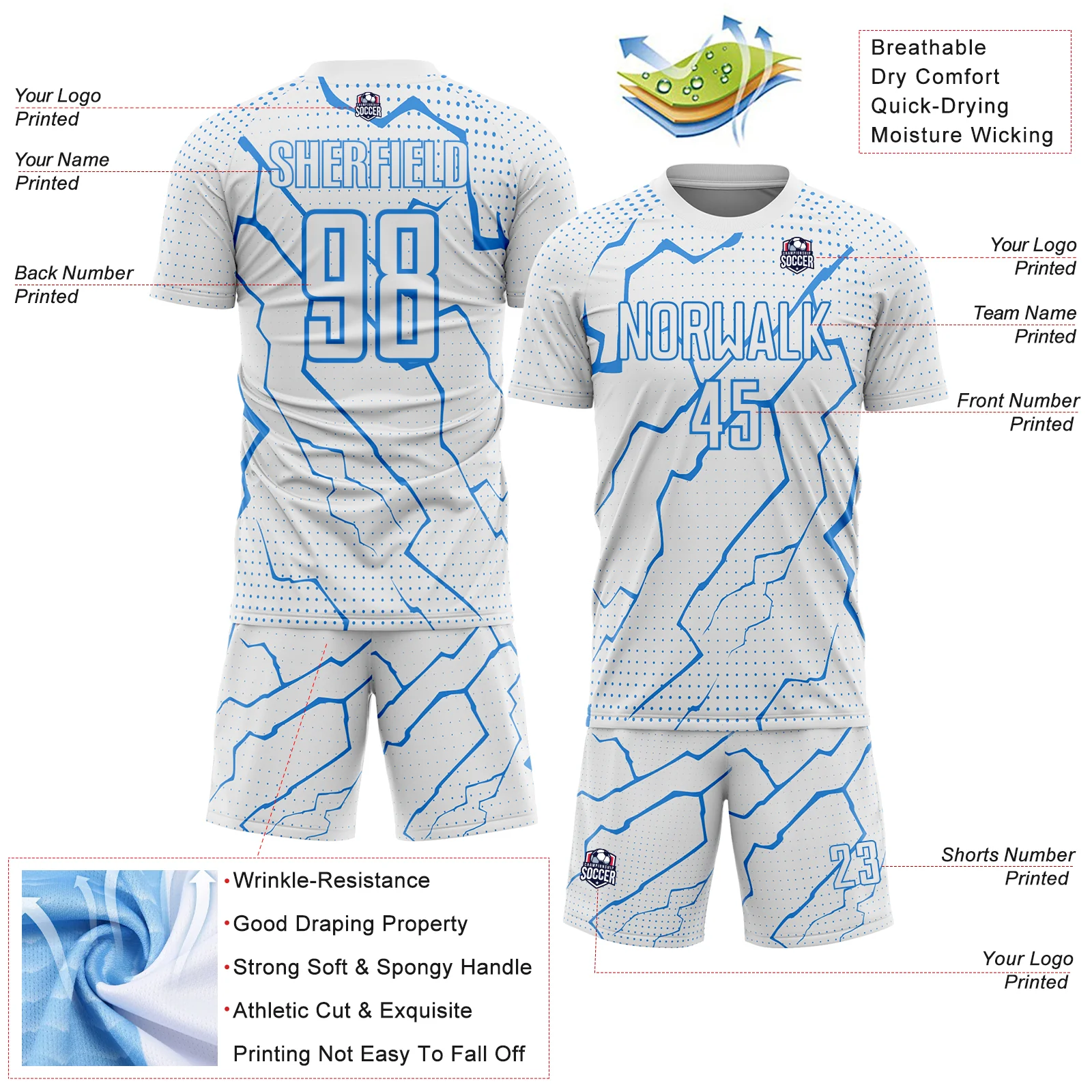Custom White Powder Blue Lightning Sports Sublimation Soccer Uniform Jersey - Image 4