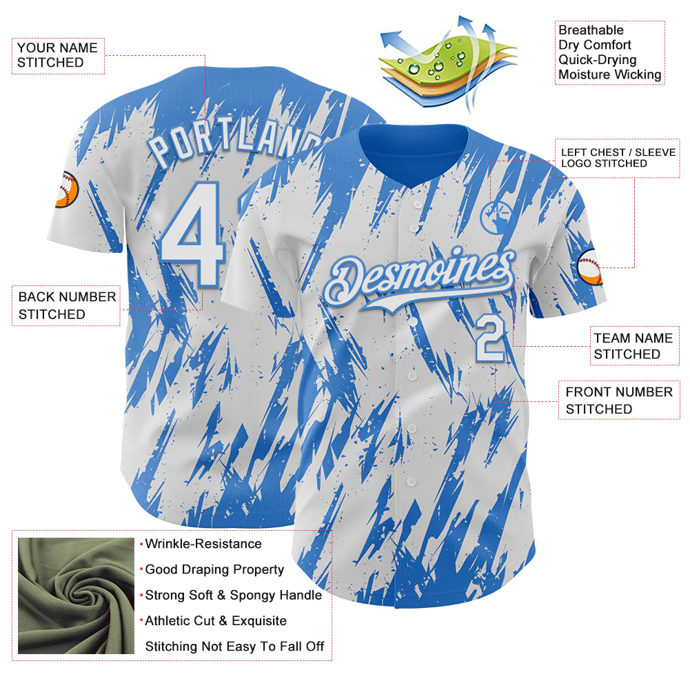 Custom White Powder Blue Splatter Torn Sharp Brush Stroke Authentic Baseball Jersey - Image 3