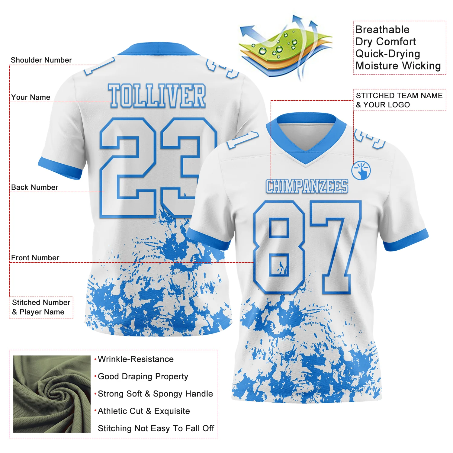 Custom White Powder Blue 3D Pattern Splash Authentic Football Jersey - Image 2
