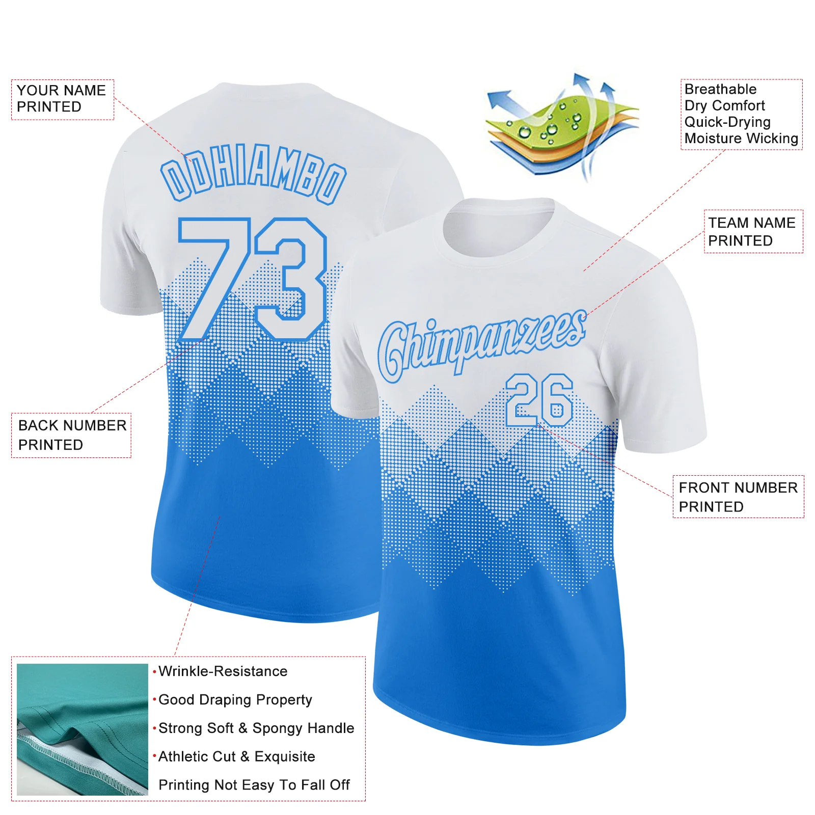 Custom White Powder Blue 3D Pattern Design Gradient Square Shapes Performance T-Shirt - Image 2
