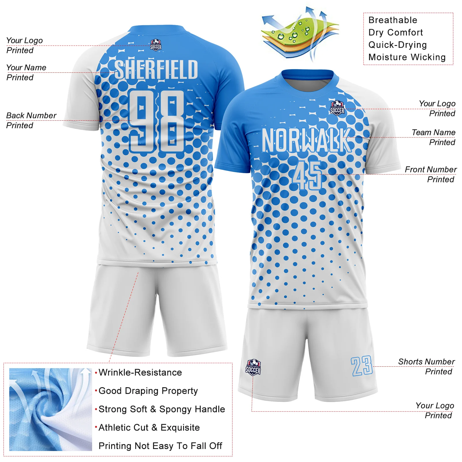 Custom White Powder Blue Modern Polka Dot Sublimation Soccer Uniform Jersey - Image 4