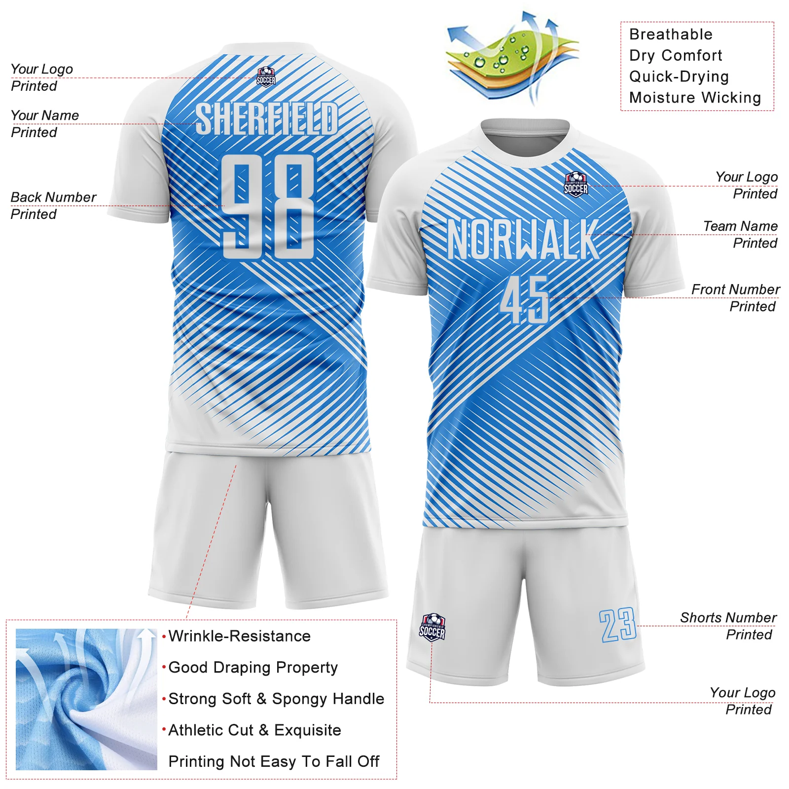 Custom White Powder Blue Line Sublimation Soccer Uniform Jersey - Image 4