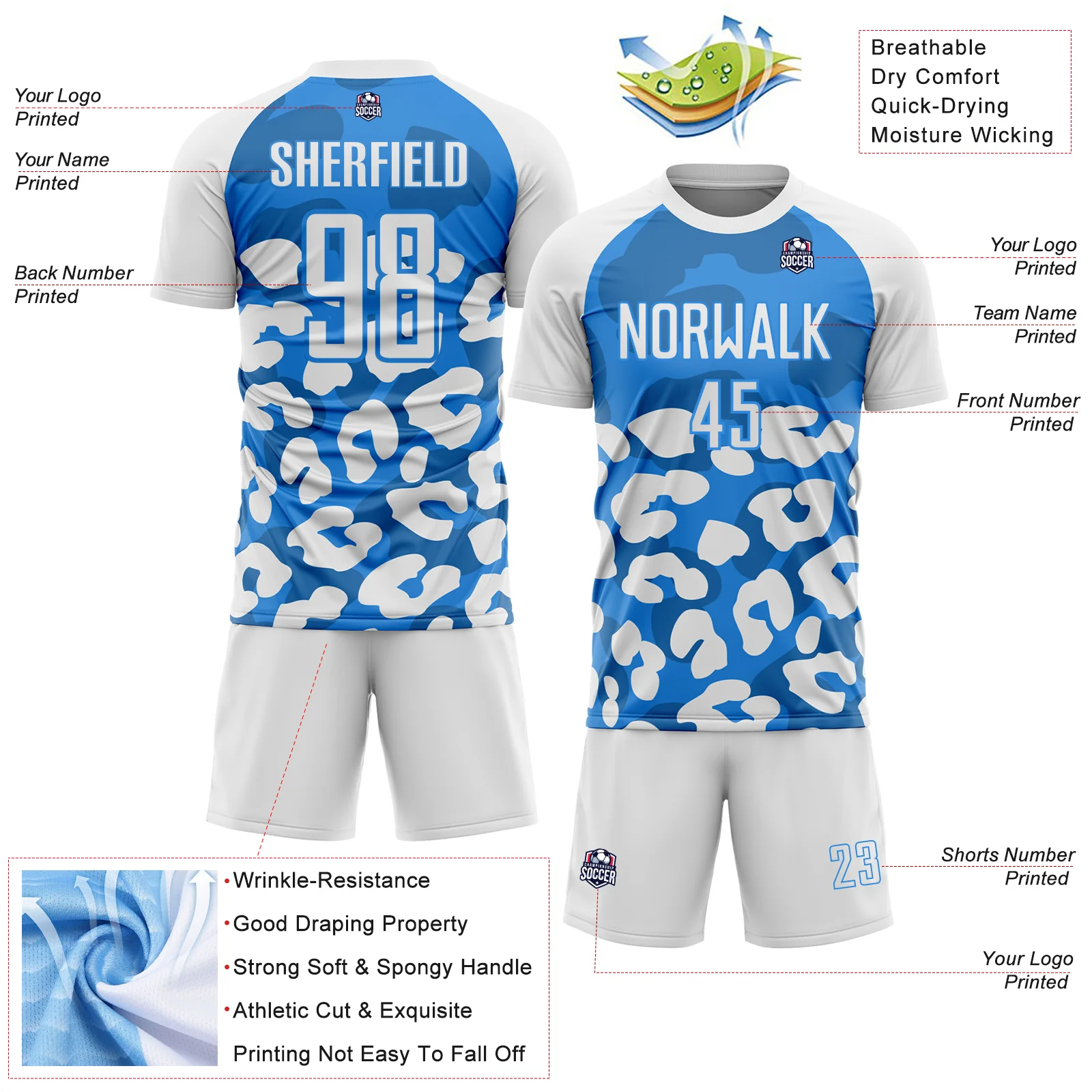 Custom White Powder Blue Animal Leopard Print Sports Sublimation Soccer Uniform Jersey - Image 4